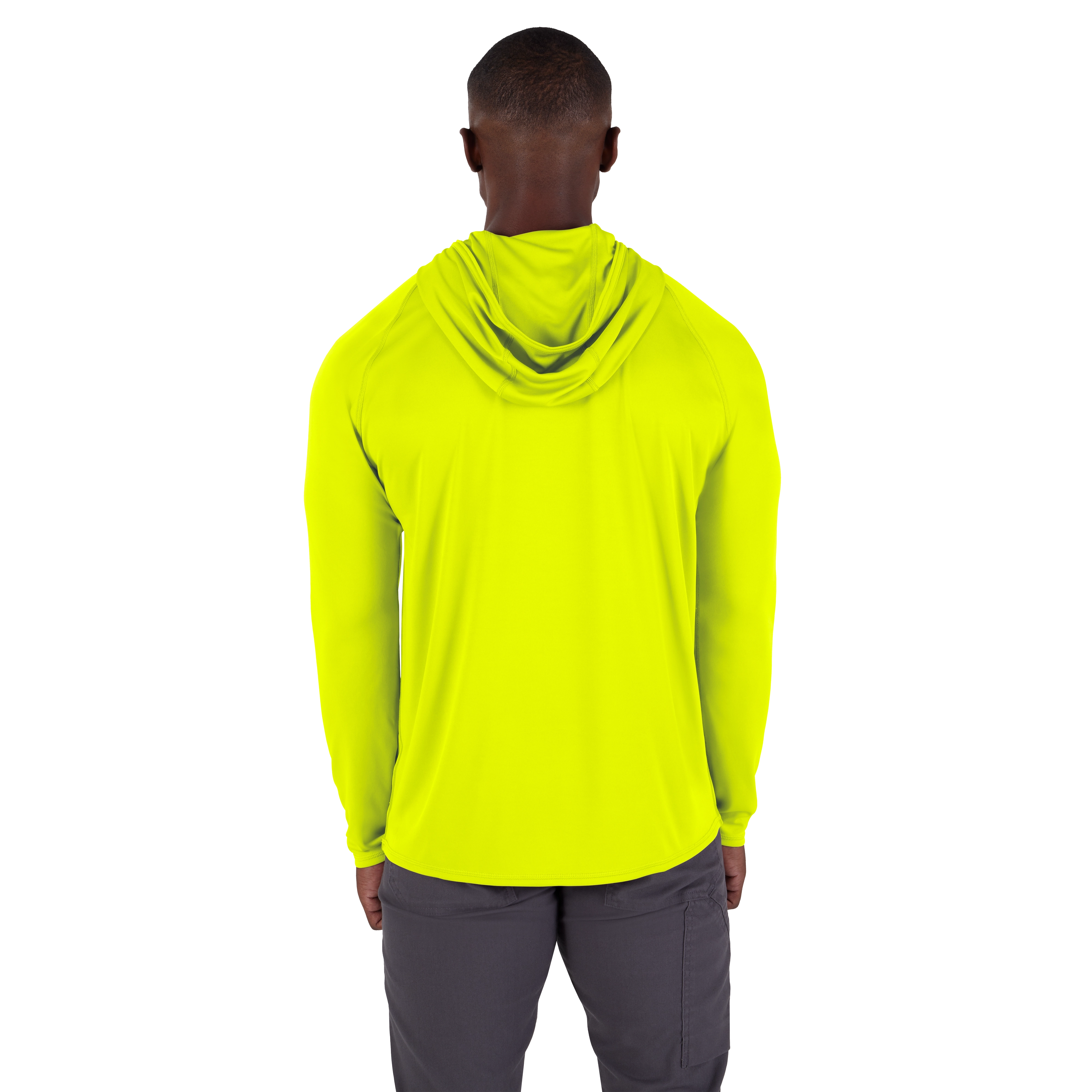 A person is wearing a high-visibility yellow WORKSKIN Hooded Sun Shirt. The shirt features a hood and long sleeves, offering sun protection.