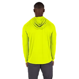 A person is wearing a high-visibility yellow WORKSKIN Hooded Sun Shirt. The shirt features a hood and long sleeves, offering sun protection.