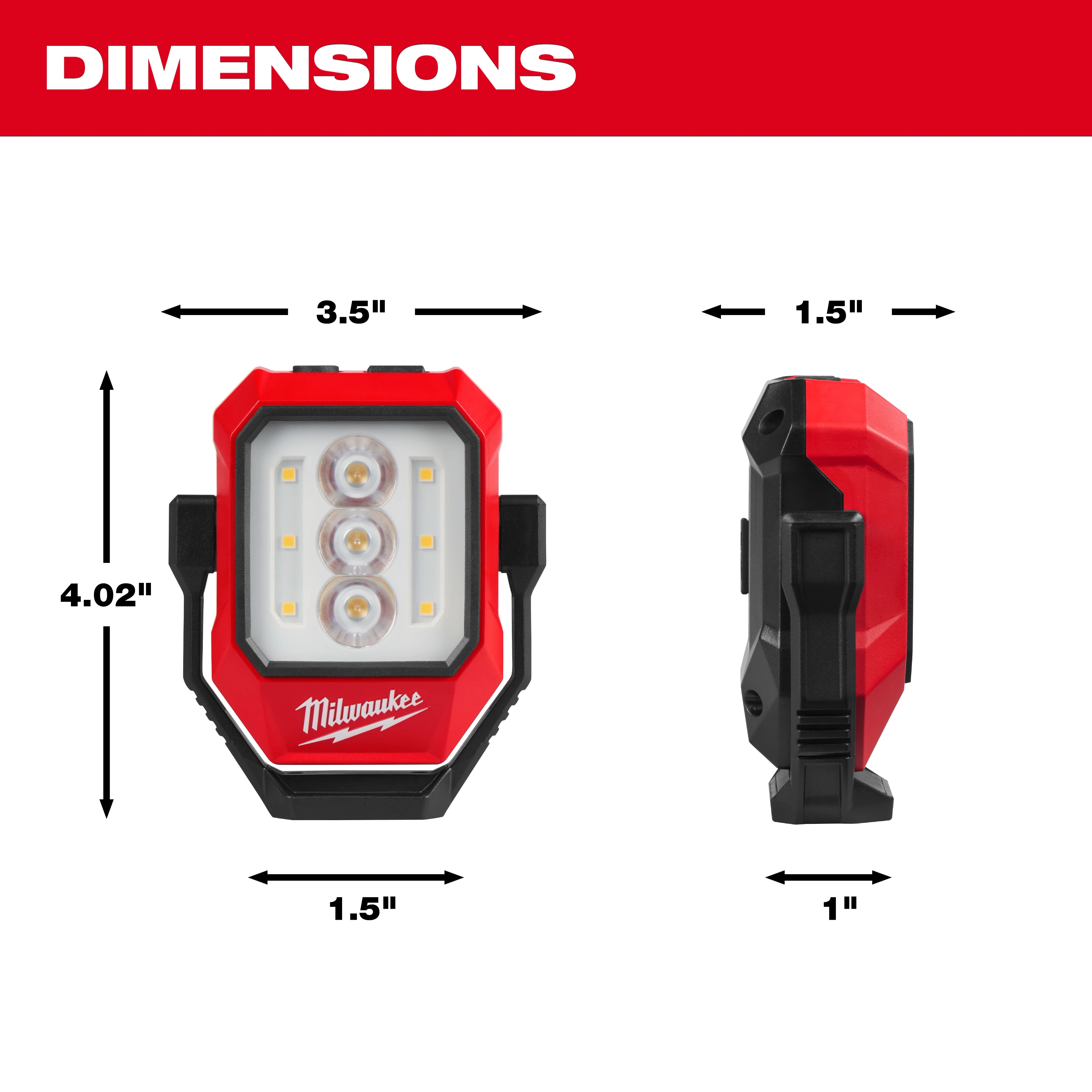 Milwaukee Rechargeable Pivoting Task Light w/ Spot Mode shown front and side with labeled dimensions.