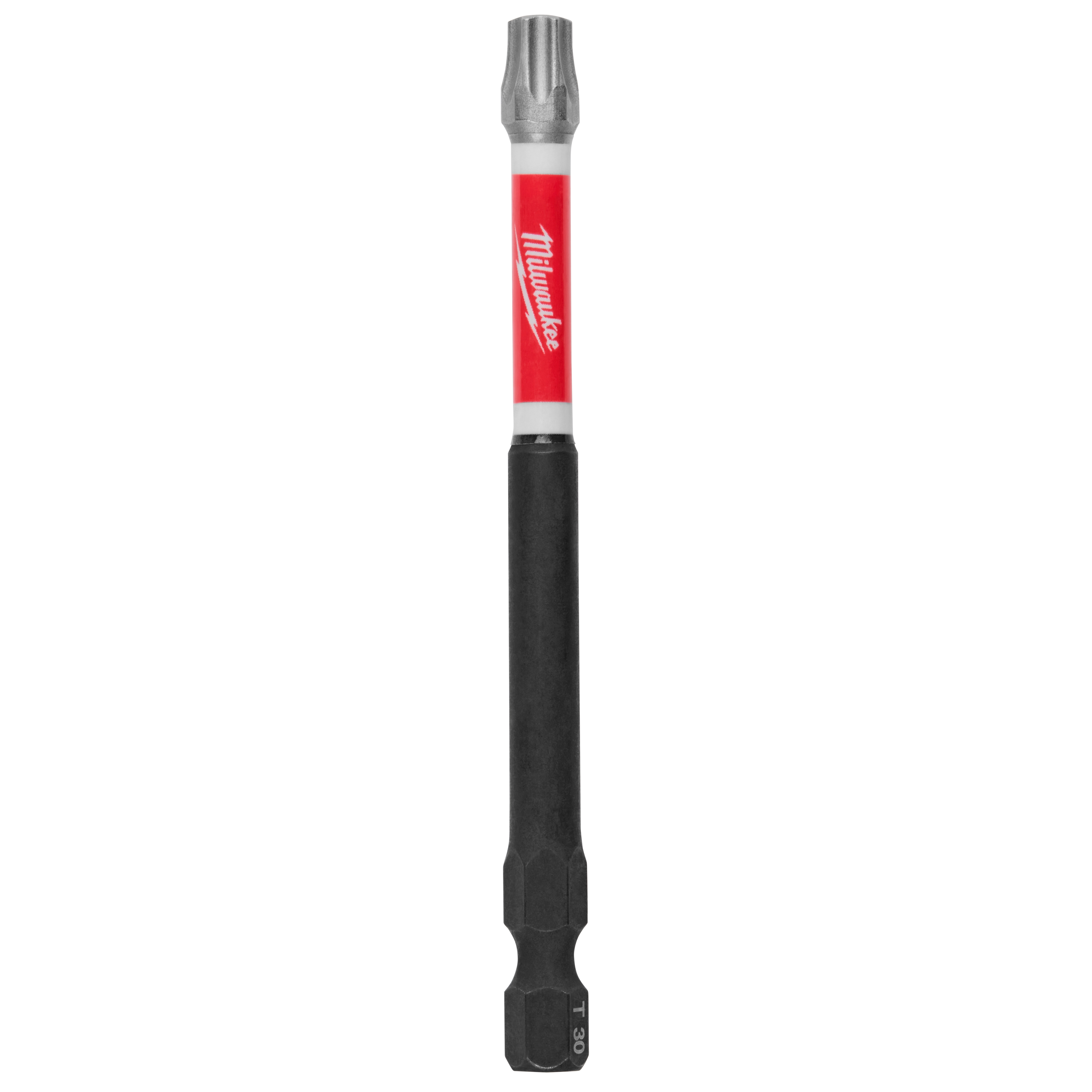 The image shows a SHOCKWAVE™ 3-1/2" Impact TORX® T30 Power Bit with a black shaft and red branding in the middle that reads "Milwaukee."