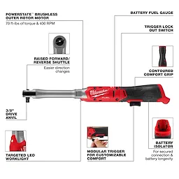 M12 FUEL 3/8" Extended Reach Ratchet tool with labeled features on a plain background.