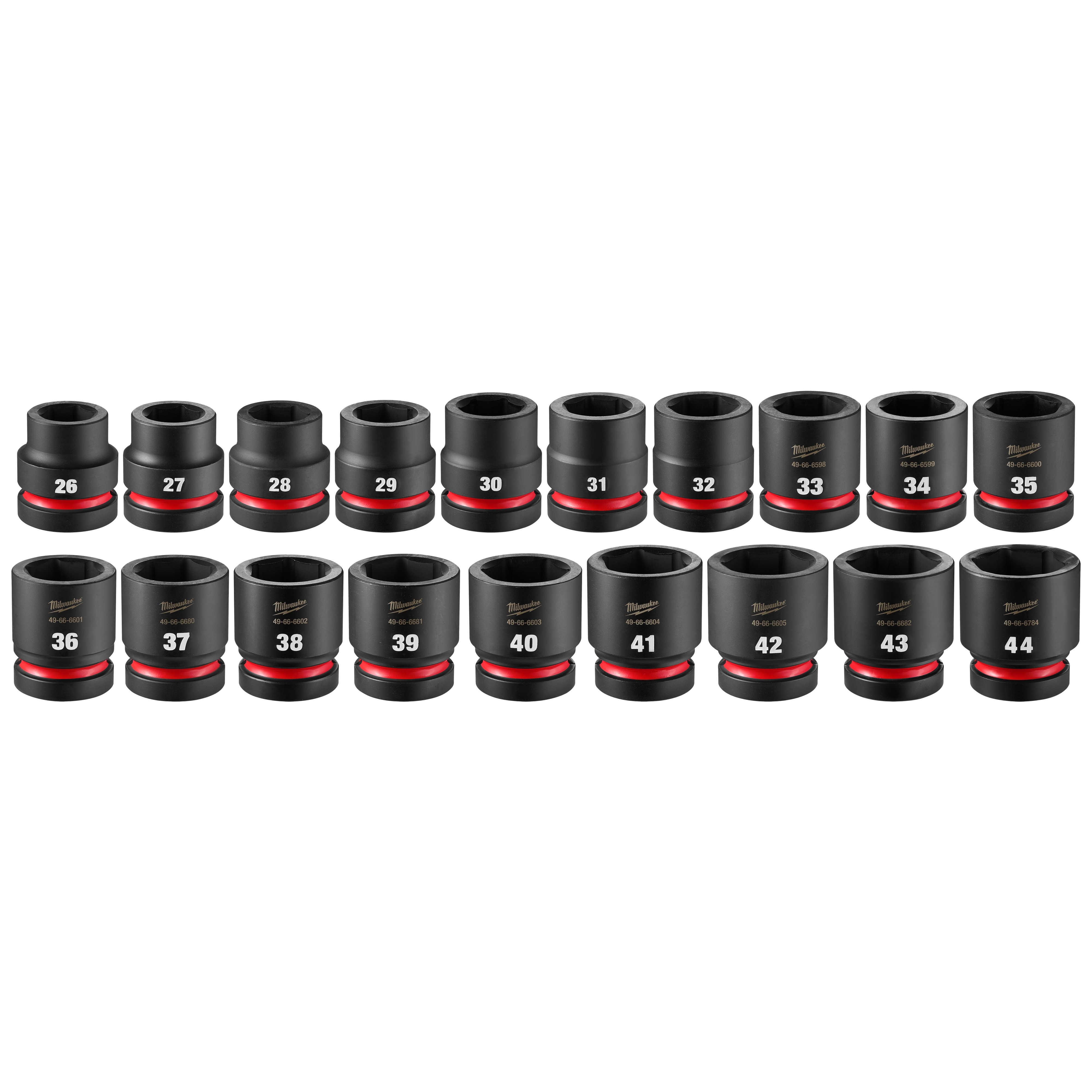 19PC SHOCKWAVE Impact Duty 1" Drive Metric Standard Socket Set with PACKOUT, including sizes 26mm to 44mm in black with red rings.