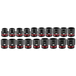 19PC SHOCKWAVE Impact Duty 1" Drive Metric Standard Socket Set with PACKOUT, including sizes 26mm to 44mm in black with red rings.