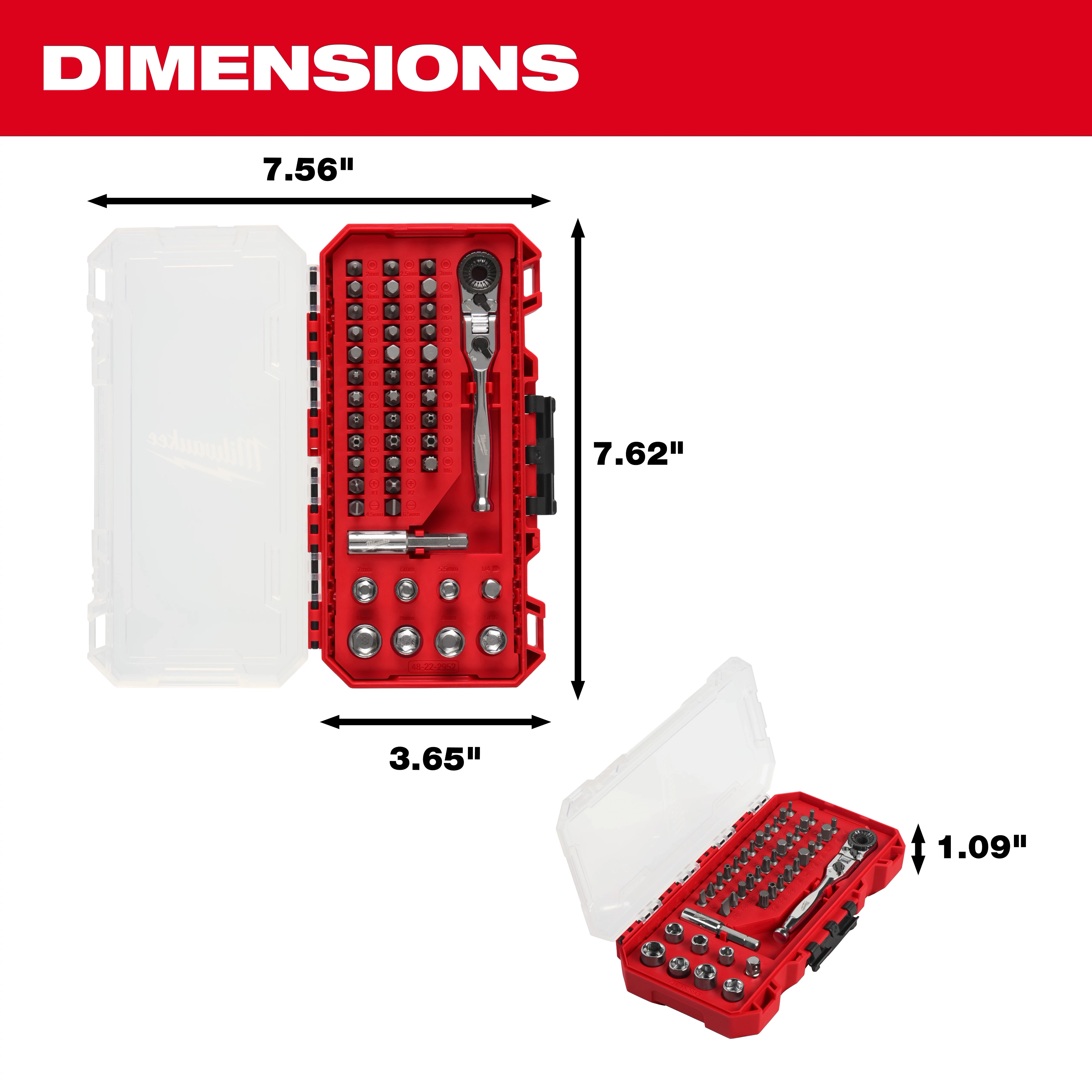 44pc. 1/4” Hex Drive Mini Flex Head Ratchet & Bit Set in a red case with labeled length, width, and height dimensions.
