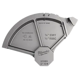 The image shows a metallic Milwaukee conduit bender head with labeled measurement markings: "3/4'' EMT," "1/2'' RMC," "STUBS 6'' TO ↑," and a note "NO STAINLESS." It includes the part number "49-16-0034" and the word "MILWAUKEE" in the center.