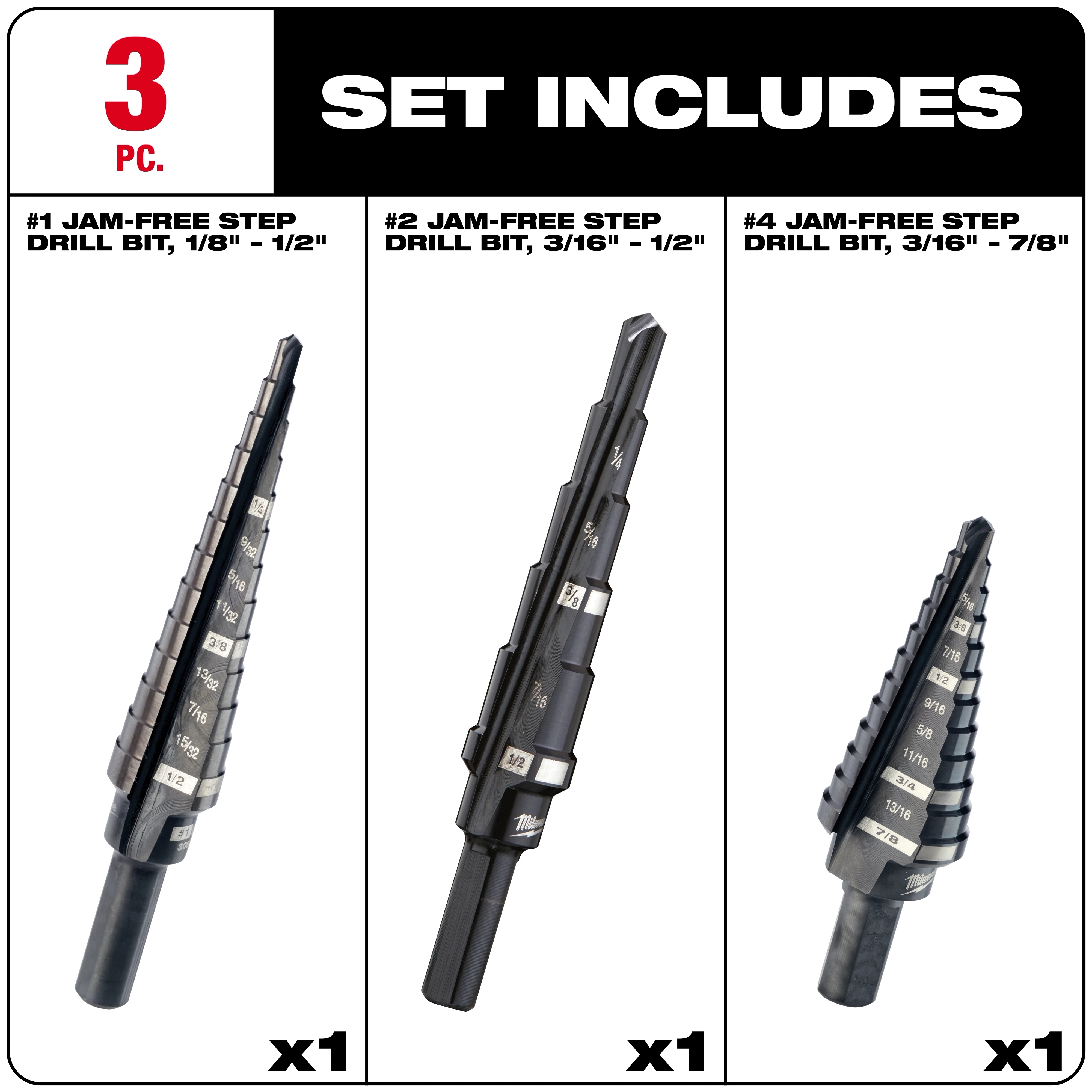 The 48-89-9221 Jam-Free Step Drill Bit Set Includes three step drill bits of varying sizes: 1/8" to 1/2", 3/16" to 1/2", and 3/16" to 7/8". Each bit is labeled with etched size markings for easy identification.