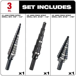 The 48-89-9221 Jam-Free Step Drill Bit Set Includes three step drill bits of varying sizes: 1/8" to 1/2", 3/16" to 1/2", and 3/16" to 7/8". Each bit is labeled with etched size markings for easy identification.