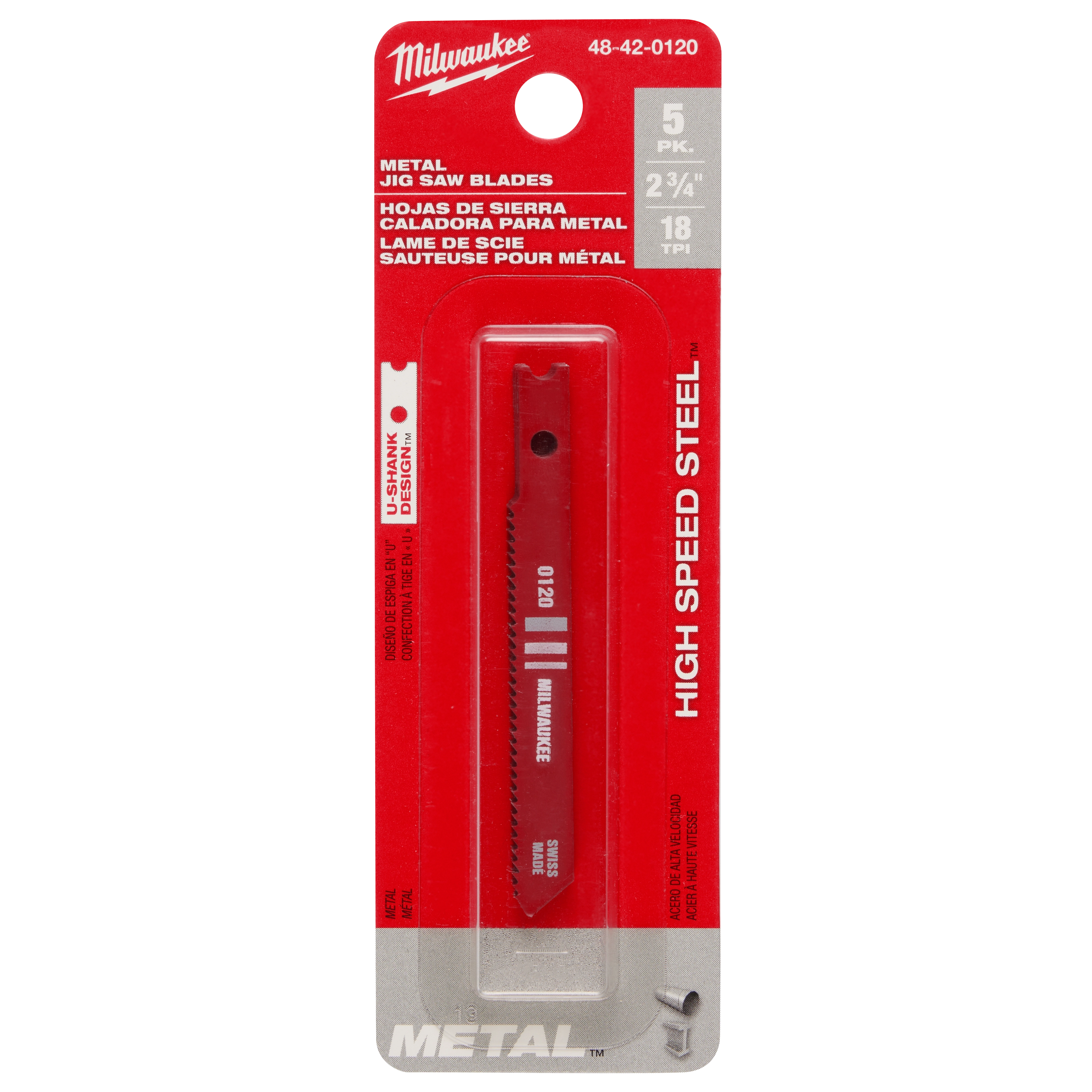 Milwaukee 2-3/4" 18TPI U-Shank Metal High Speed Steel Jig Saw Blades 5PK in red packaging with product details in multiple languages.