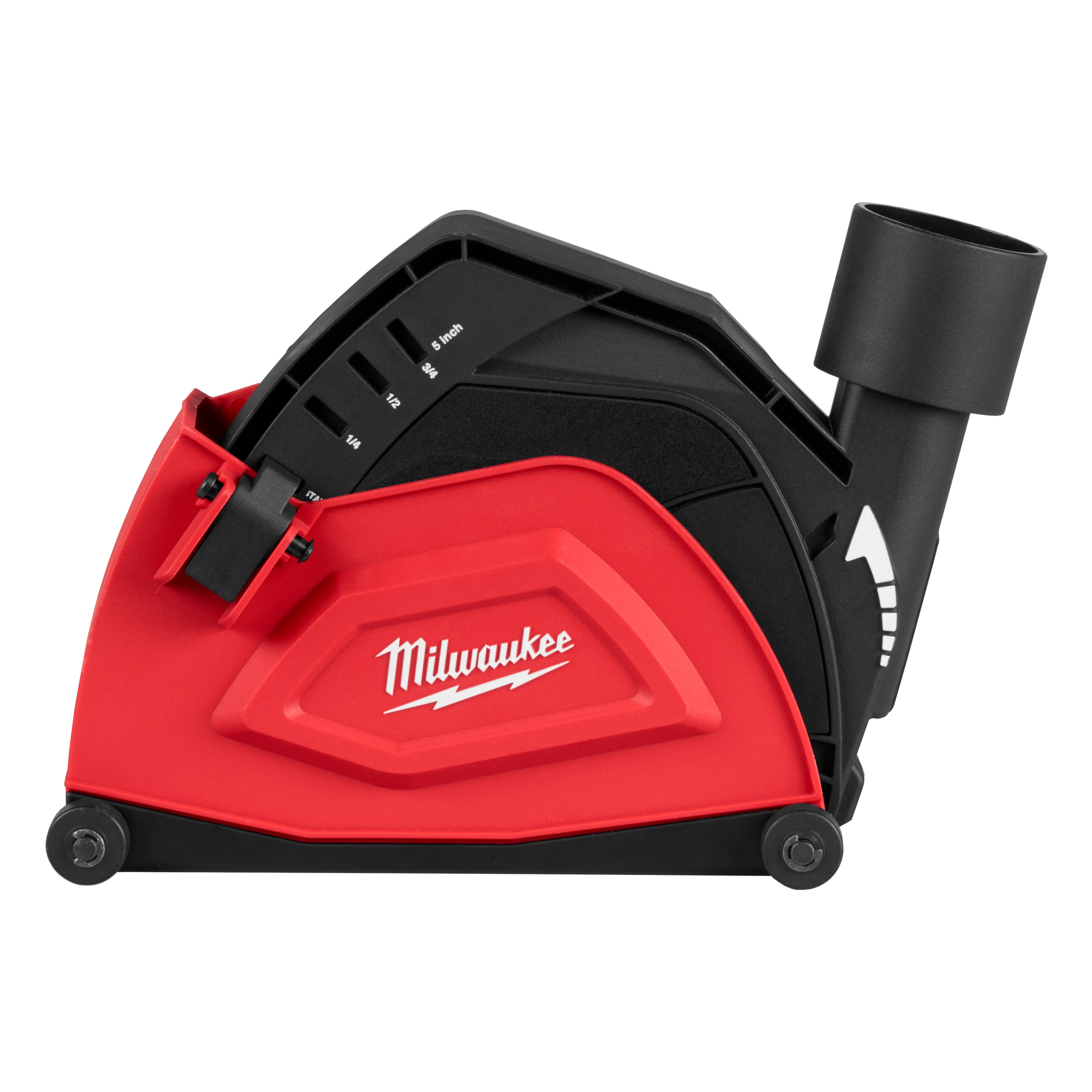 The 5" Cutting Dust Shroud by Milwaukee features adjustable settings for various cutting depths. It features a connection point for a dust extraction system and is designed to minimize dust generation during cutting tool use.