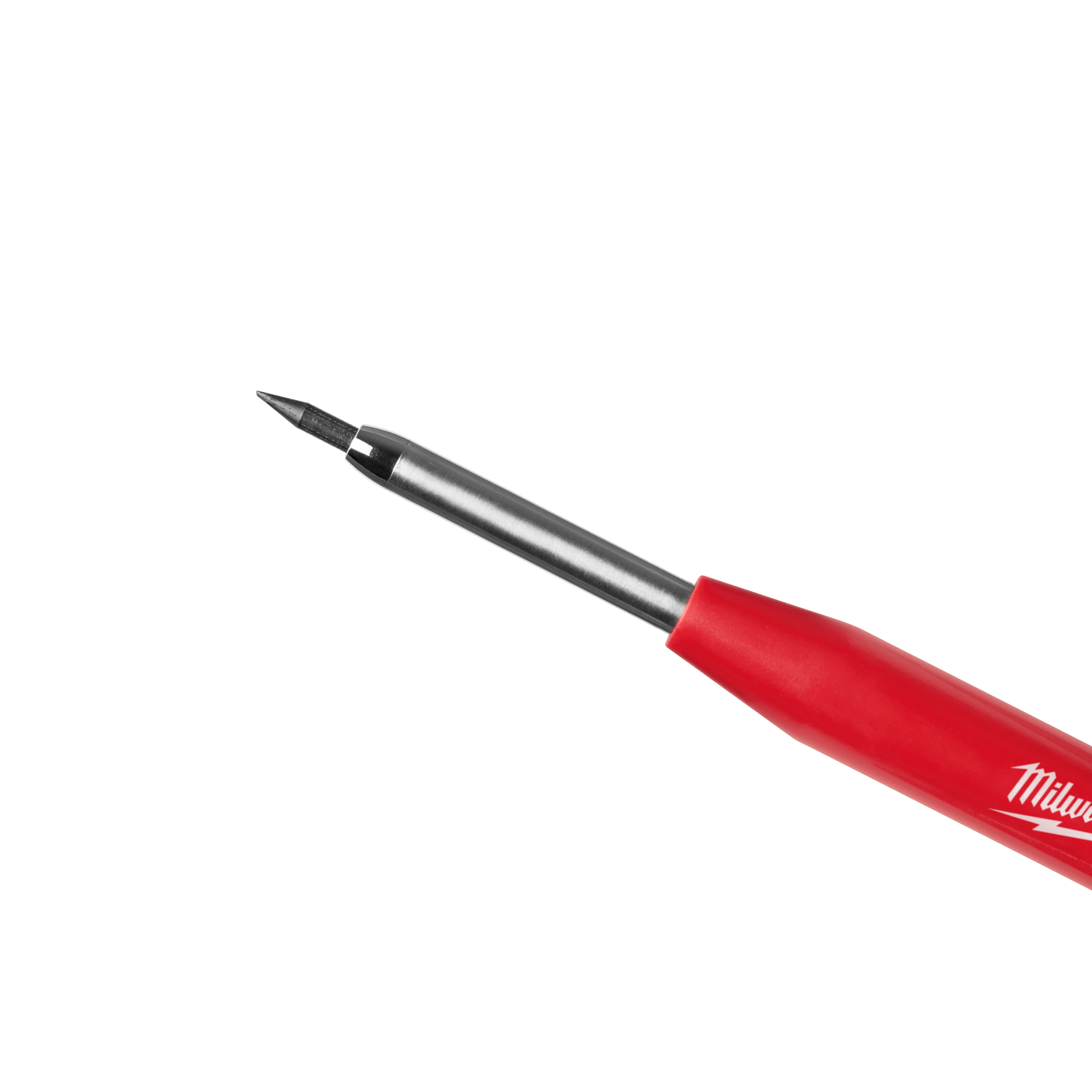 A close-up of a red Mechanical Pencil with a metal tip and a fine graphite lead. The product has a sleek, ergonomic design for precision writing and drawing.