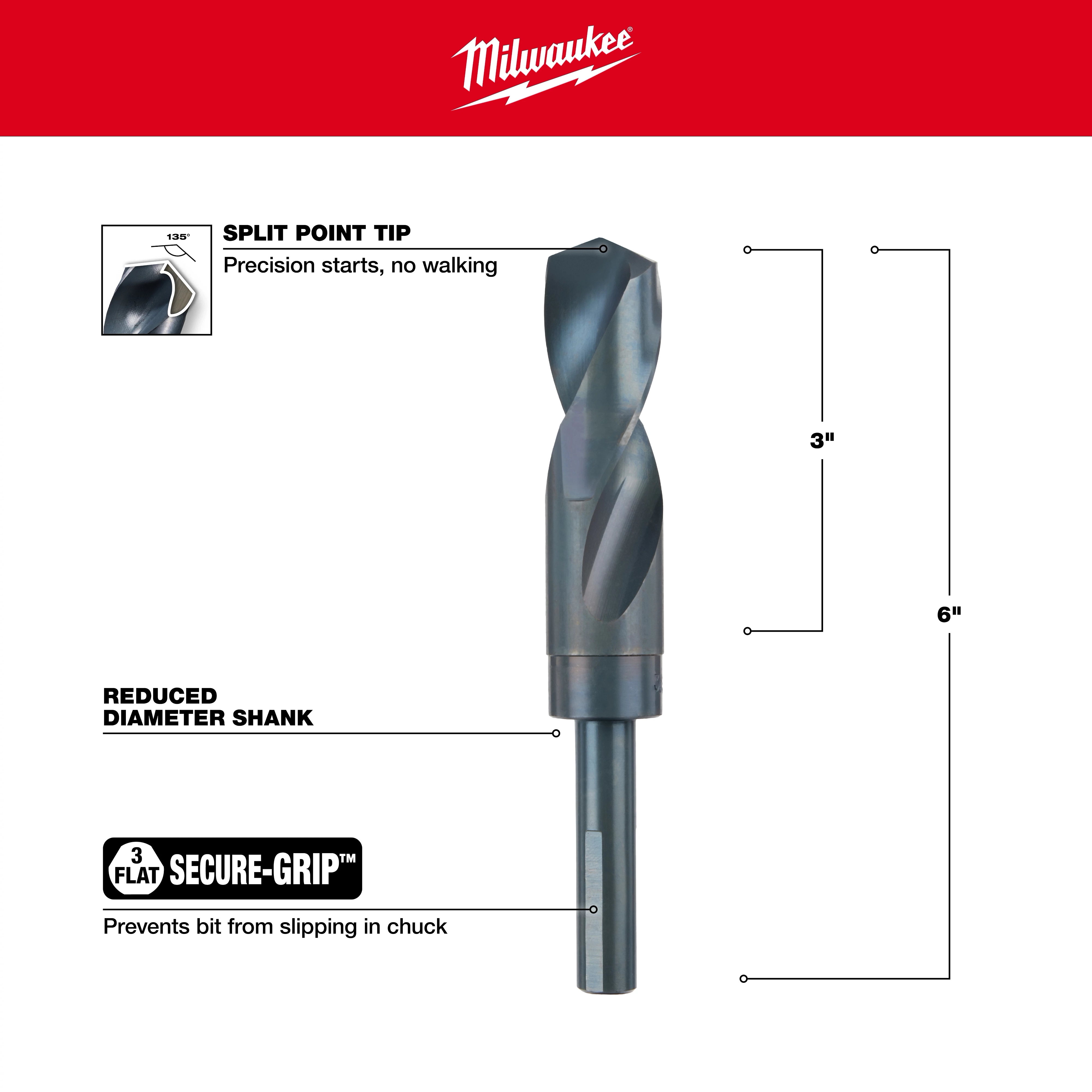 Milwaukee 48-89-2753 Walkaround drill bit with split point tip, 3-inch Secure-Grip shank, and reduced diameter for precision drilling.