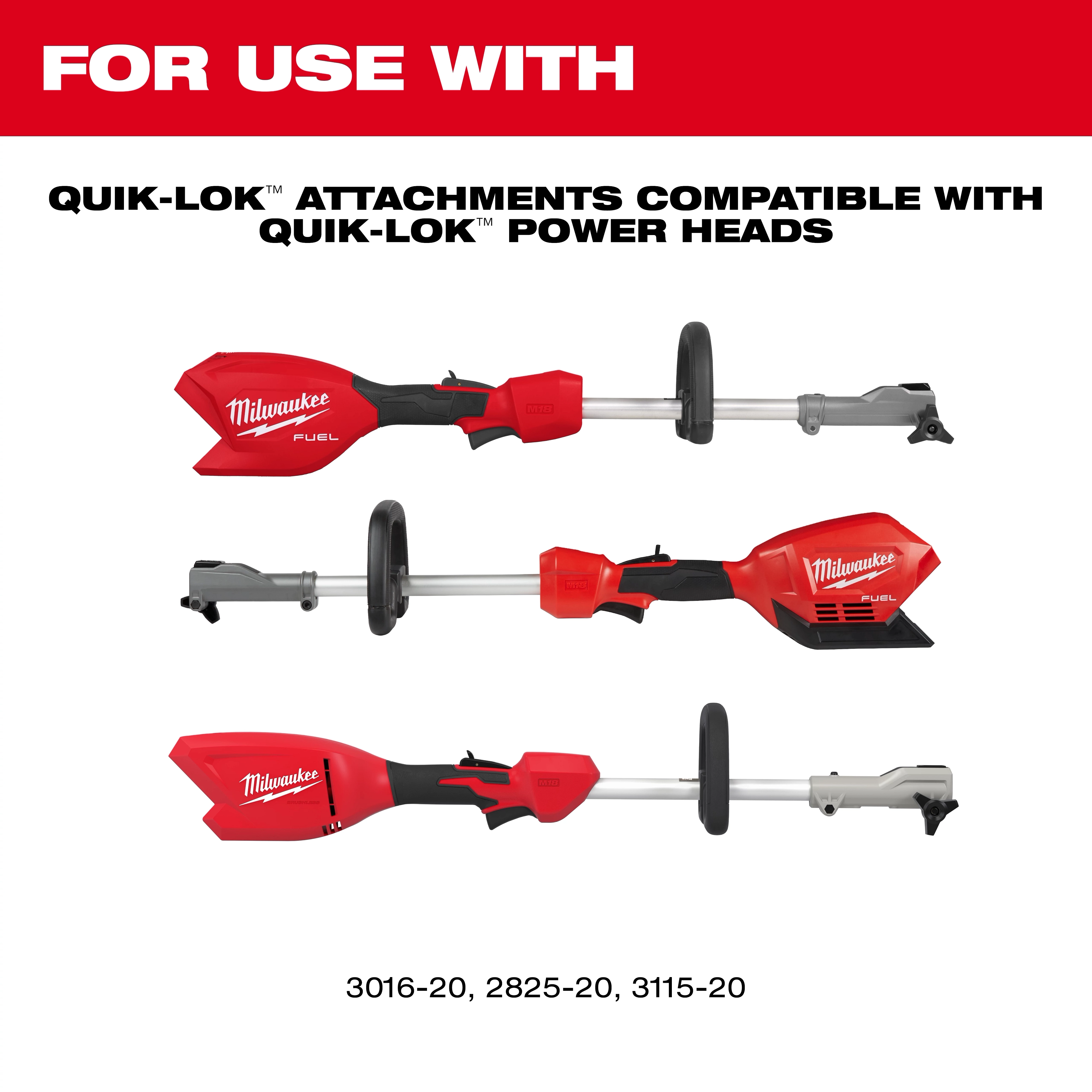 Red QUIK-LOK attachments compatible with QUIK-LOK power heads, including QUIK-LOK 16” String Trimmer Attachment.