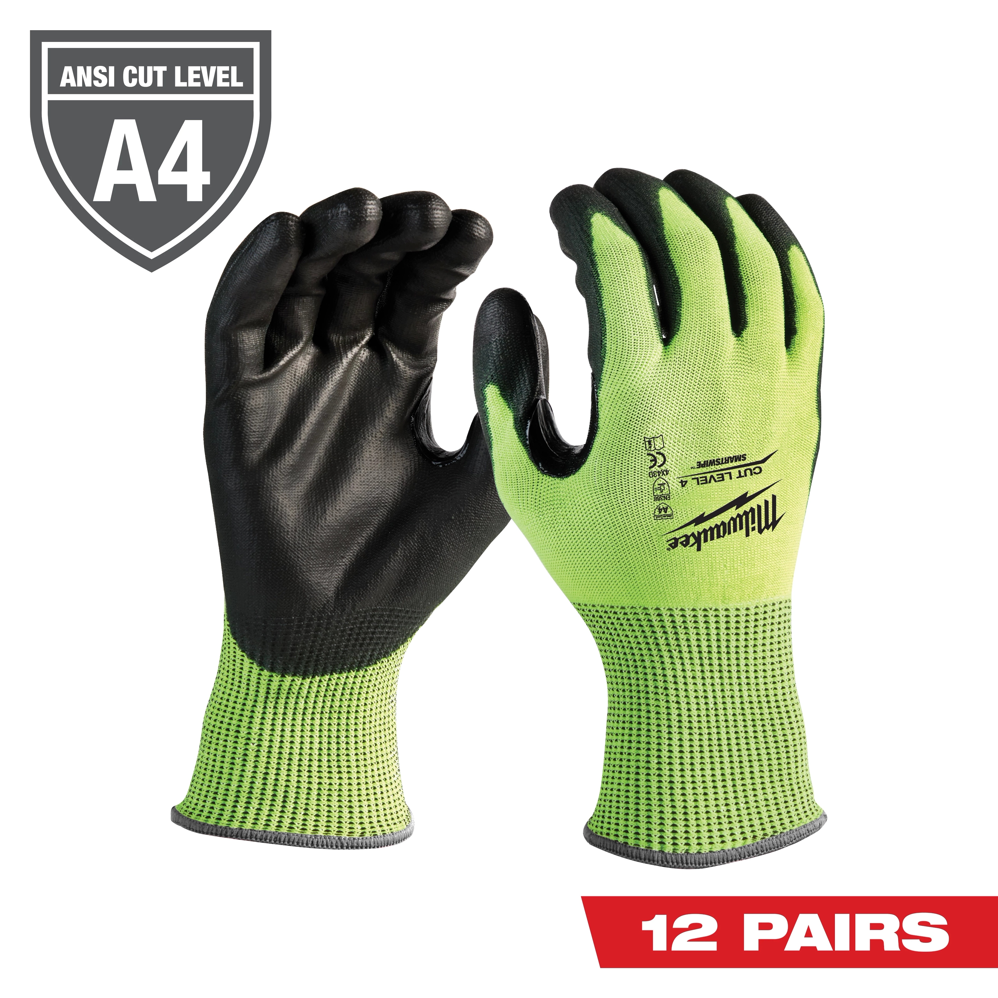 High Visibility Level 4 Cut Resistant Polyurethane Dipped Work Gloves (12-Pack) featuring a green and black design with ANSI Cut Level A4 certification.