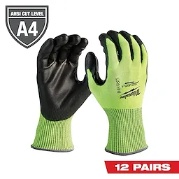 High Visibility Level 4 Cut Resistant Polyurethane Dipped Work Gloves (12-Pack) featuring a green and black design with ANSI Cut Level A4 certification.