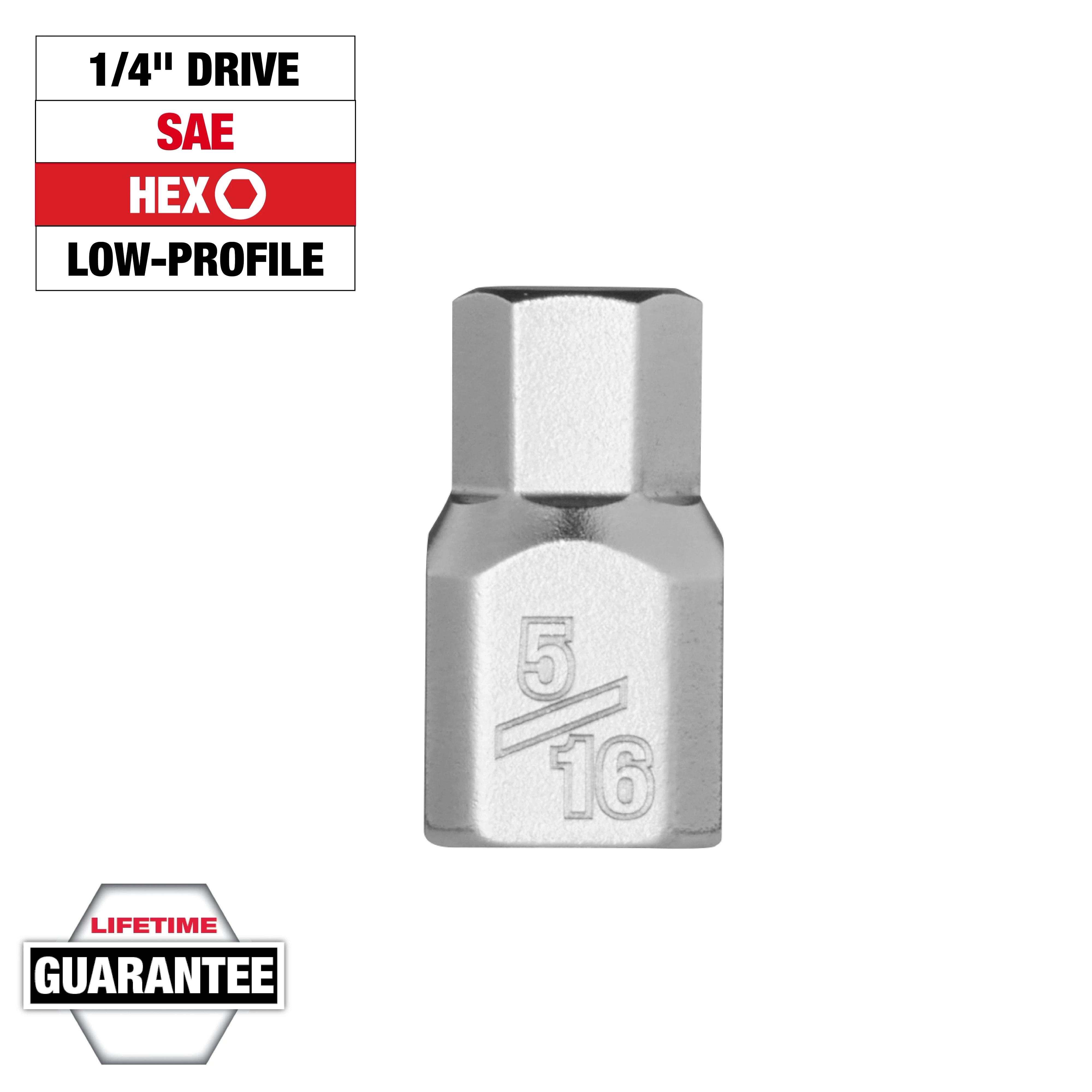 1/4" Drive 5/16" Low-Profile Hex Bit Socket in silver, showcasing SAE compatibility, hex shape, and lifetime guarantee badge.