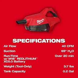 Red handheld vacuum cleaner labeled M18 Brushless Handheld Vacuum with specifications including 40 CFM airflow and 65" H2O suction.