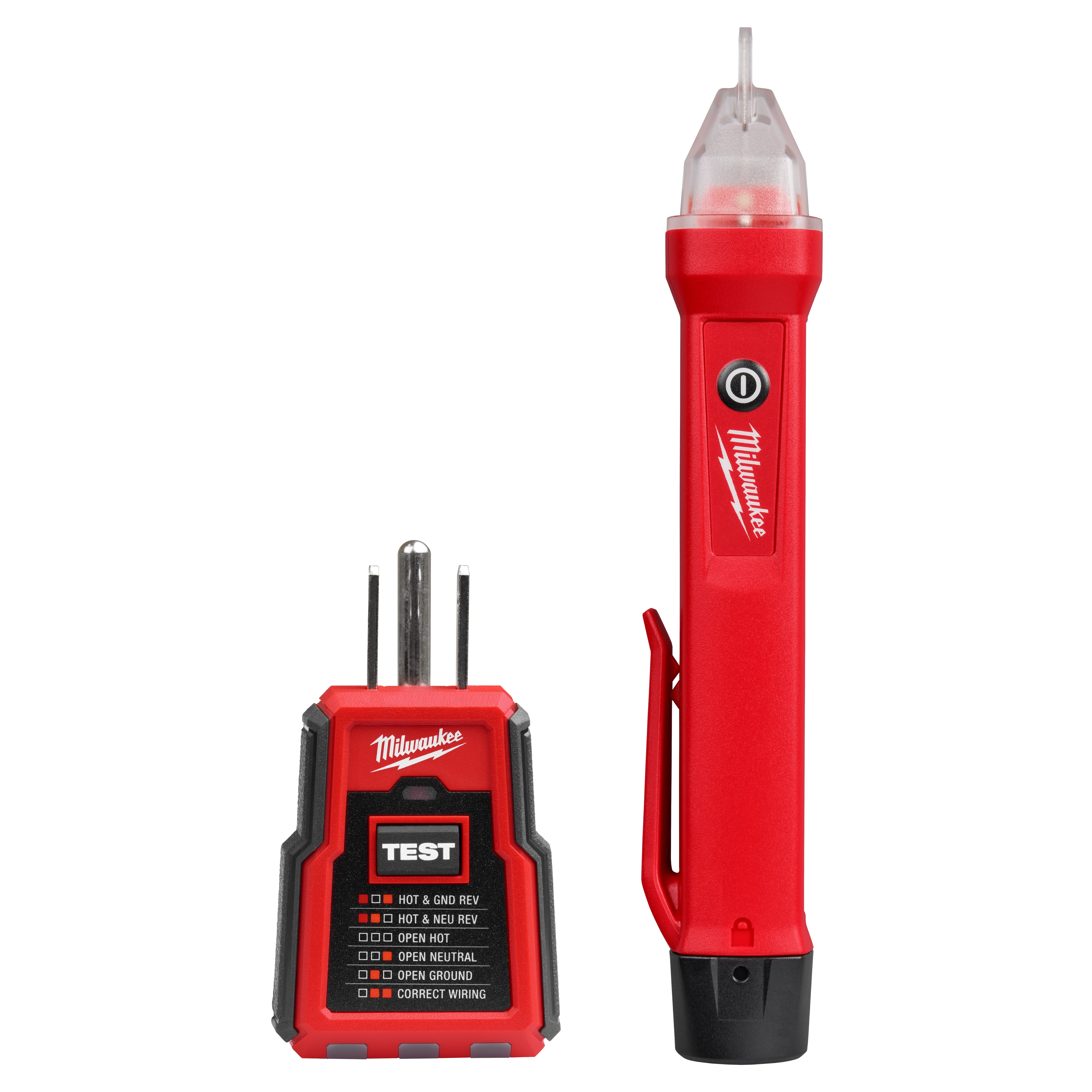GFCI Receptacle Tester and Voltage Detector set with a red tester plug on the left and a red voltage detector pen on the right.