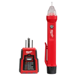 GFCI Receptacle Tester and Voltage Detector set with a red tester plug on the left and a red voltage detector pen on the right.