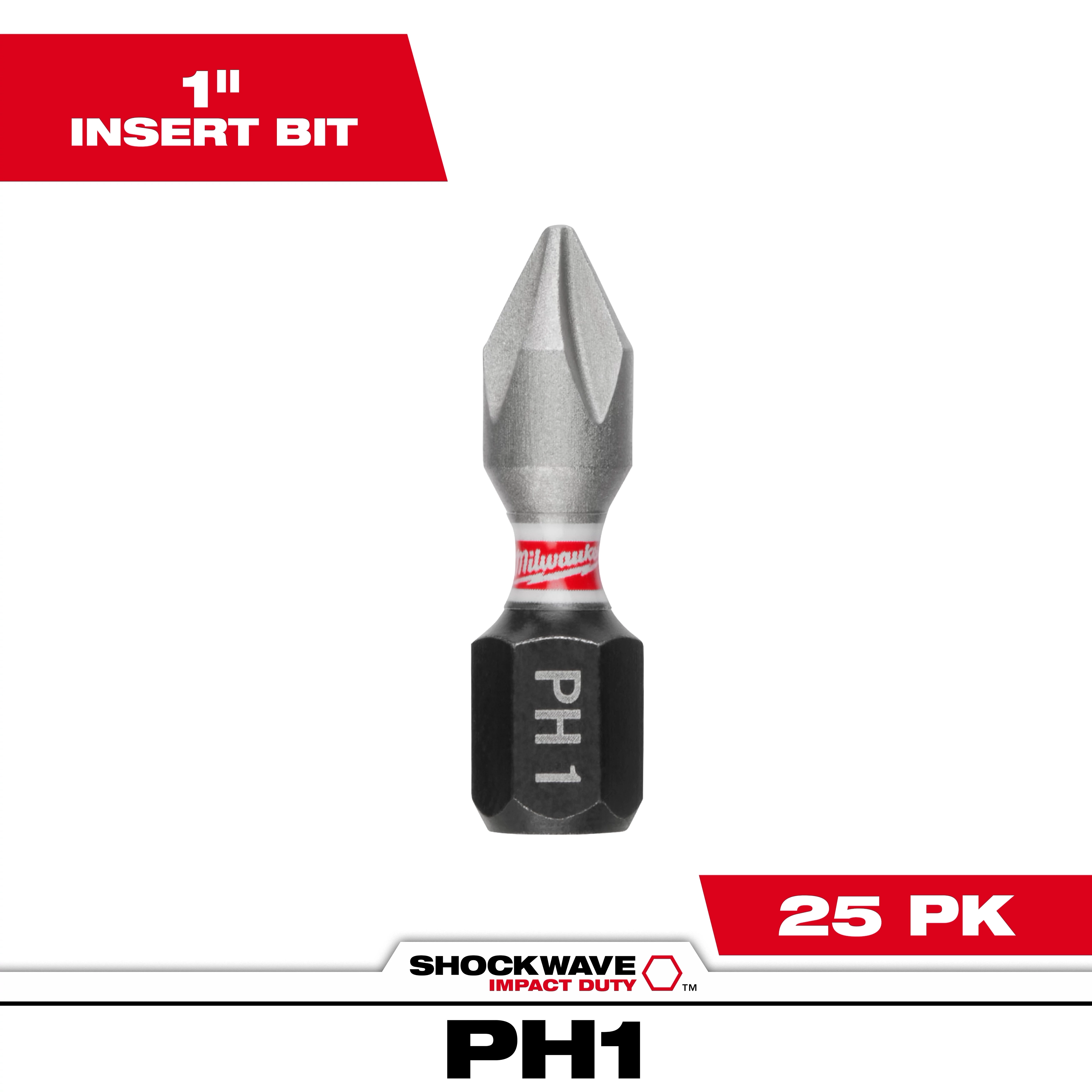 The image displays a SHOCKWAVE™ 1" Impact Duty Phillips #1 Insert Bit, bulk pack of 25. The bit has a hexagonal base marked "PH1" and a sharp Phillips head tip. The red label with "Milwaukee" branding wraps around the bit's middle section.