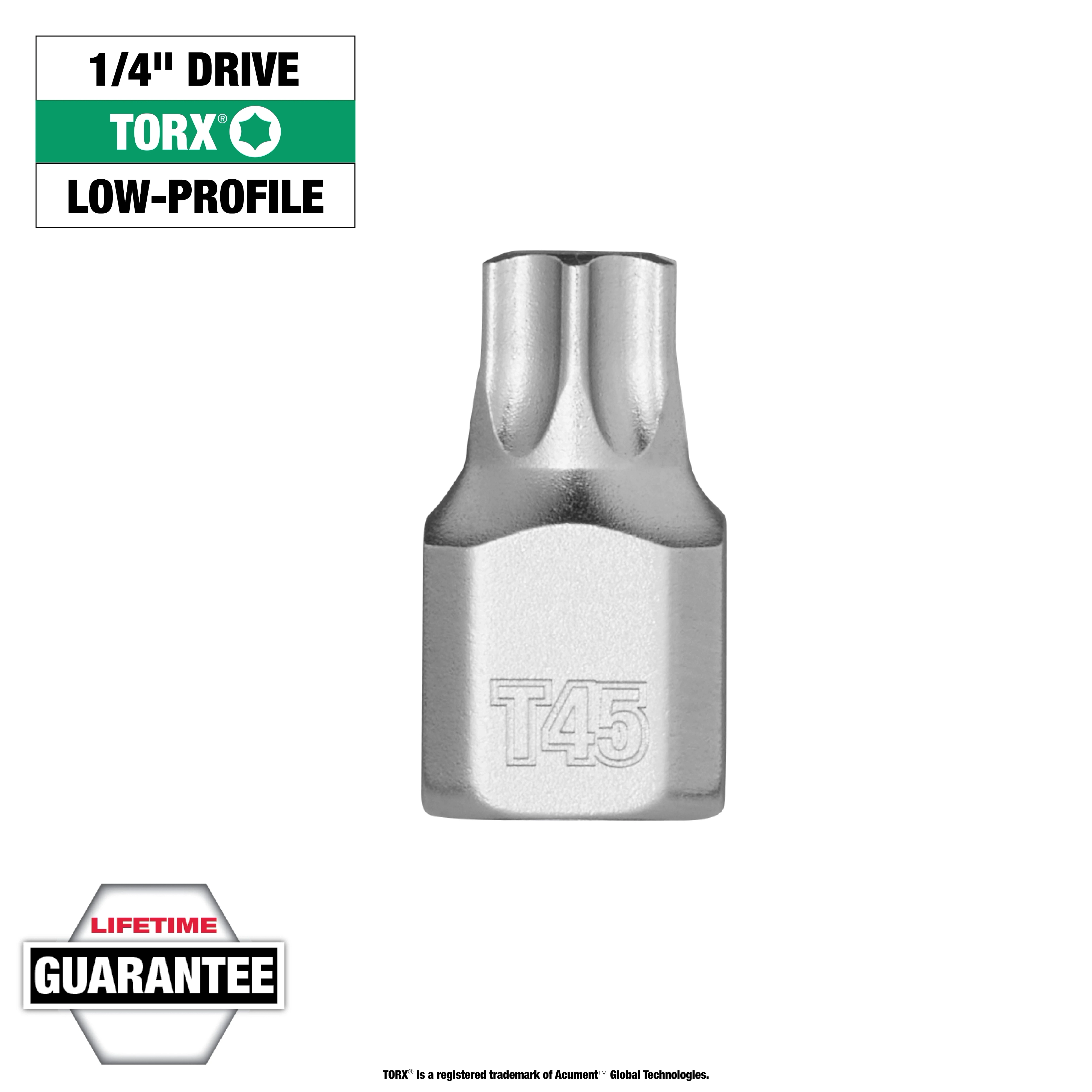 1/4" Drive T45 Low-Profile TORX Bit Socket in silver finish with embossed "T45" on the bit. Features lifetime guarantee label.
