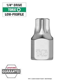 1/4" Drive T45 Low-Profile TORX Bit Socket in silver finish with embossed "T45" on the bit. Features lifetime guarantee label.