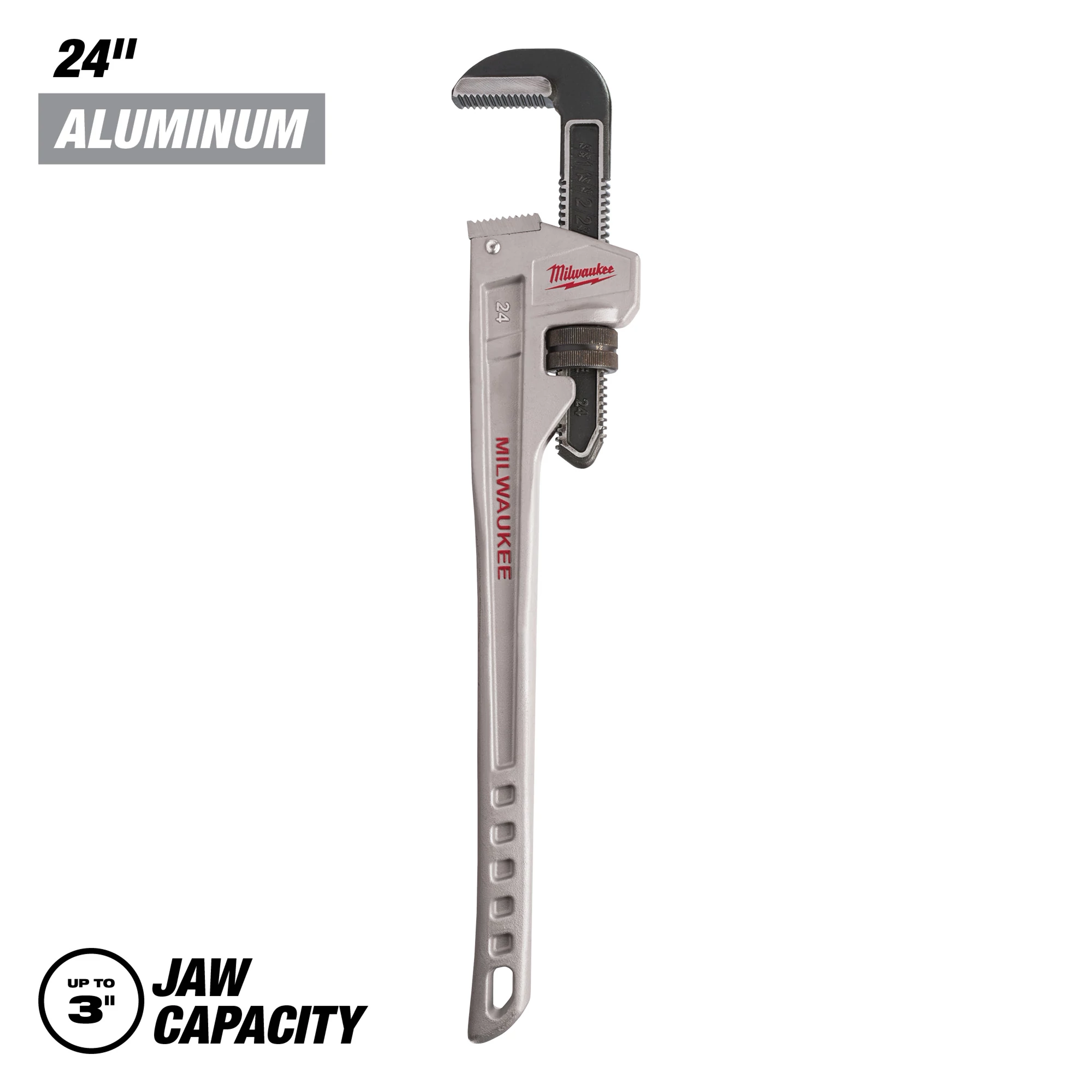 The Milwaukee 24" Aluminum Pipe Wrench features a silver body and black adjustable jaw, designed for a 3-inch jaw capacity. “Milwaukee” is written in red on the handle and jaw.
