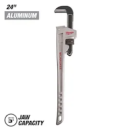 The Milwaukee 24" Aluminum Pipe Wrench features a silver body and black adjustable jaw, designed for a 3-inch jaw capacity. “Milwaukee” is written in red on the handle and jaw.