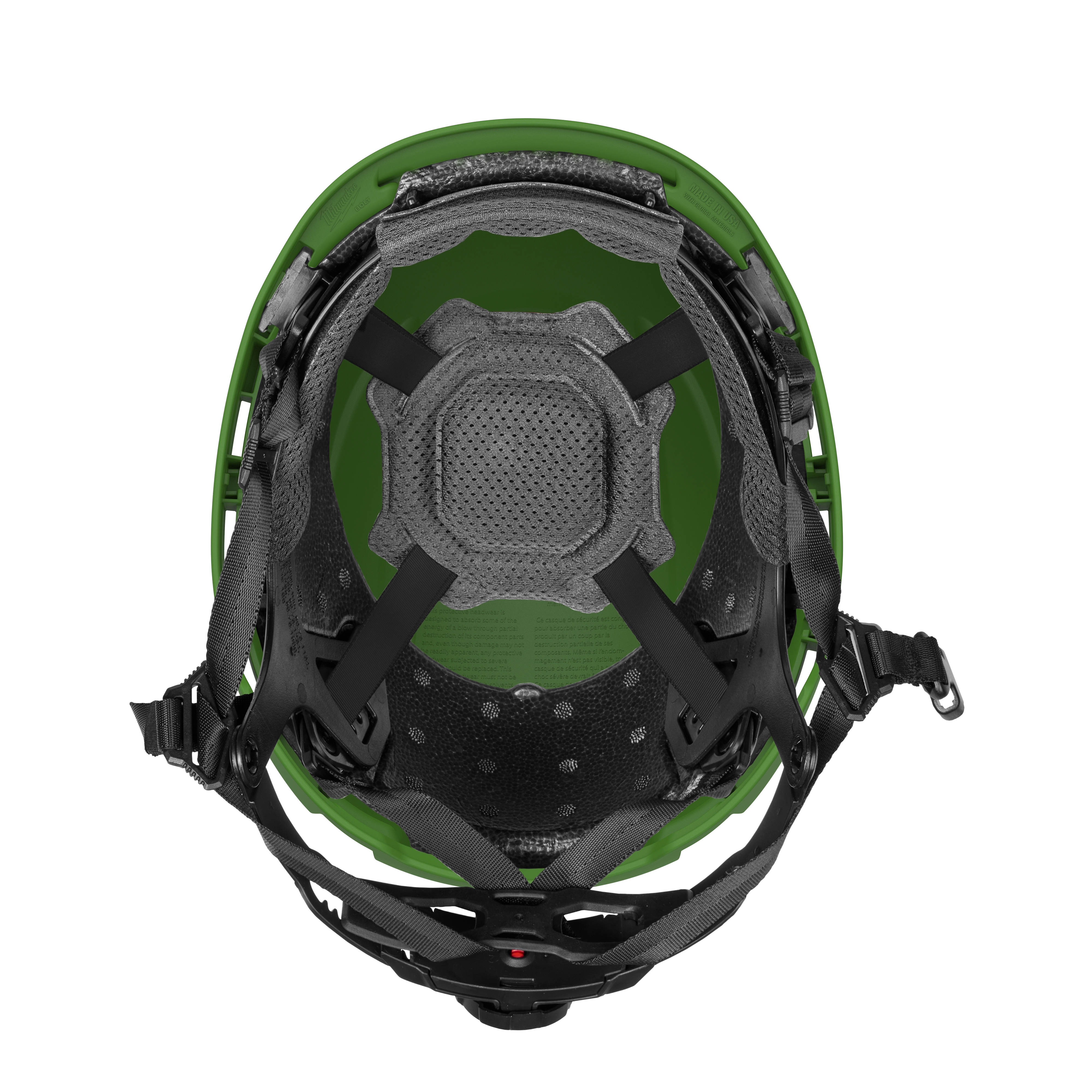 Milwaukee Safety Helmet in green color, viewed from the inside. The helmet features a padded headgear system, adjustable straps, and ventilation holes for enhanced comfort during wear. The Milwaukee logo is visible at the top.
