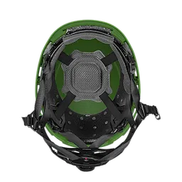 Milwaukee Safety Helmet in green color, viewed from the inside. The helmet features a padded headgear system, adjustable straps, and ventilation holes for enhanced comfort during wear. The Milwaukee logo is visible at the top.