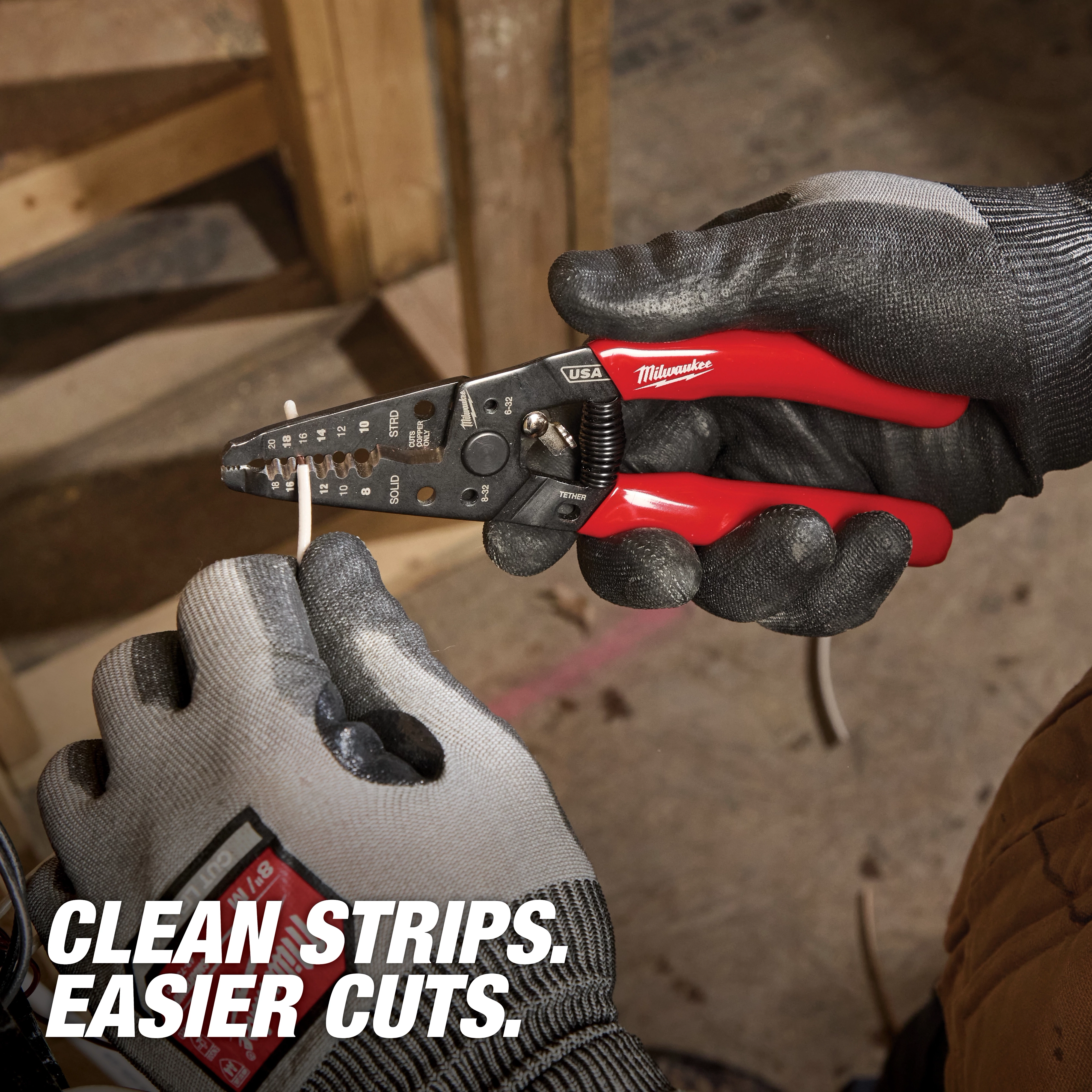 Gloved hands using 8-20 AWG Dipped Grip Wire Stripper & Cutter (USA) to strip wire. Text on the image reads "CLEAN STRIPS. EASIER CUTS."