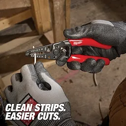 Gloved hands using 8-20 AWG Dipped Grip Wire Stripper & Cutter (USA) to strip wire. Text on the image reads "CLEAN STRIPS. EASIER CUTS."