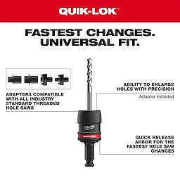The 5PC 7/16" QUIK-LOK™ Arbor Set enables fast changes and provides a universal fit for various hole saws, with components for hole enlargement, and large and small thread adapters. The image highlights specific uses for each part and emphasizes the product's versatility and efficiency.