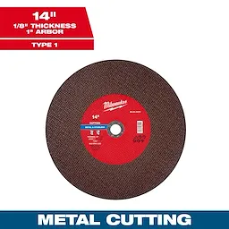 14" x 1/8" x 1" Metal Cut Off Wheel - Type 1. Suitable for metal and stainless steel cutting with a 1" arbor.