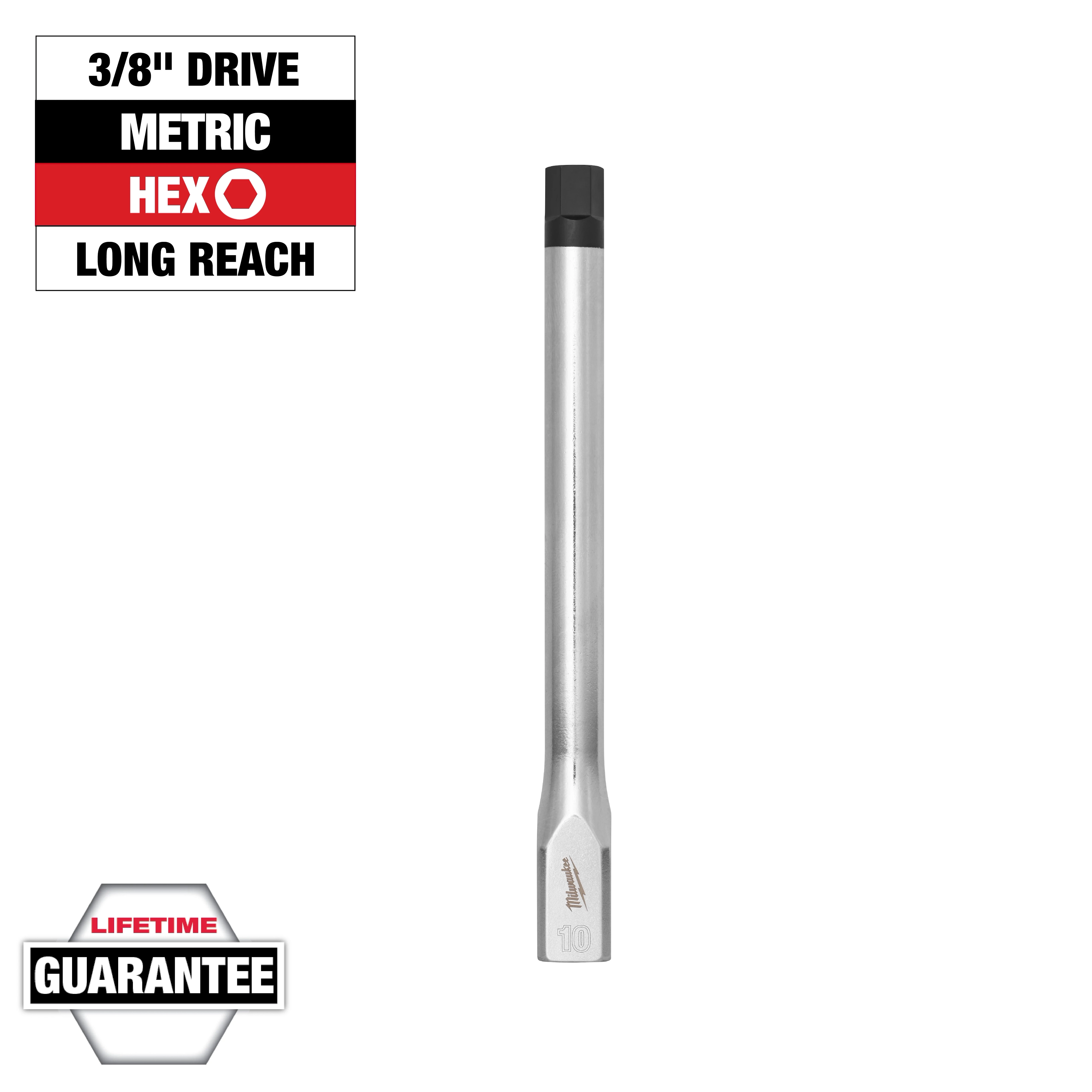 3/8" Drive 10mm Long Hex Bit Socket, long reach, metric, silver with a black tip, and labeled with lifetime guarantee.