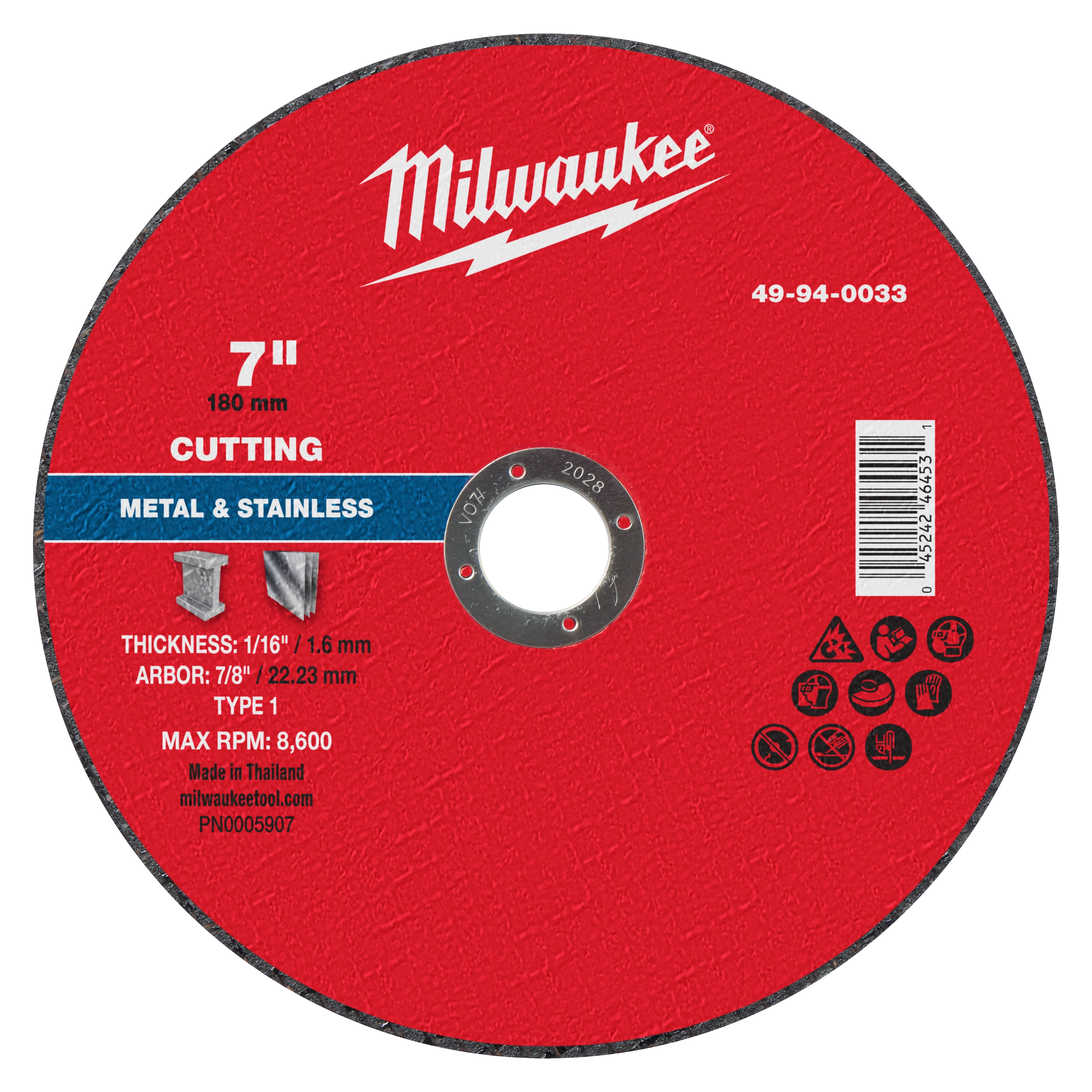 7" x 1/16" x 7/8" Metal Cut Off Wheel - Type 1, red, marked for cutting metal and stainless, max RPM 8,600.