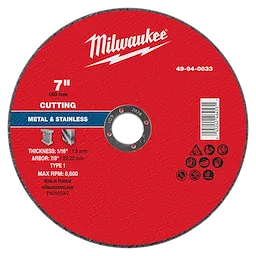7" x 1/16" x 7/8" Metal Cut Off Wheel - Type 1, red, marked for cutting metal and stainless, max RPM 8,600.