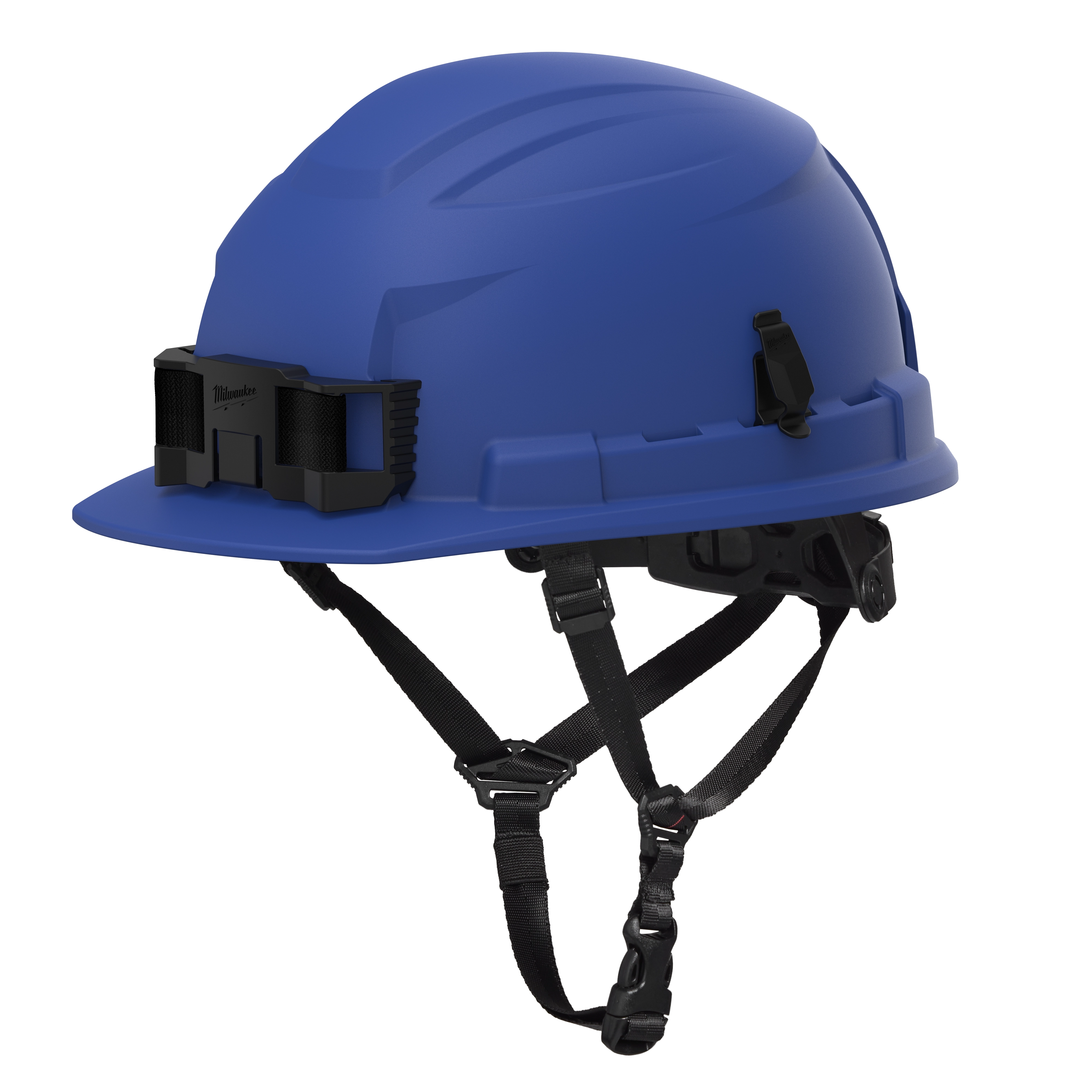The BOLT™ Blue Front Brim Safety Helmet features a 4-point ratcheting suspension system and is classified as Type 2, Class E. It has a secure chin strap and a mount for accessories on the front. The helmet provides enhanced protection and comfort for various work environments.