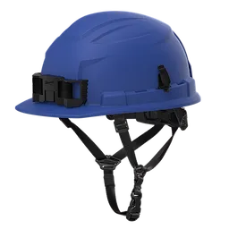 The BOLT™ Blue Front Brim Safety Helmet features a 4-point ratcheting suspension system and is classified as Type 2, Class E. It has a secure chin strap and a mount for accessories on the front. The helmet provides enhanced protection and comfort for various work environments.