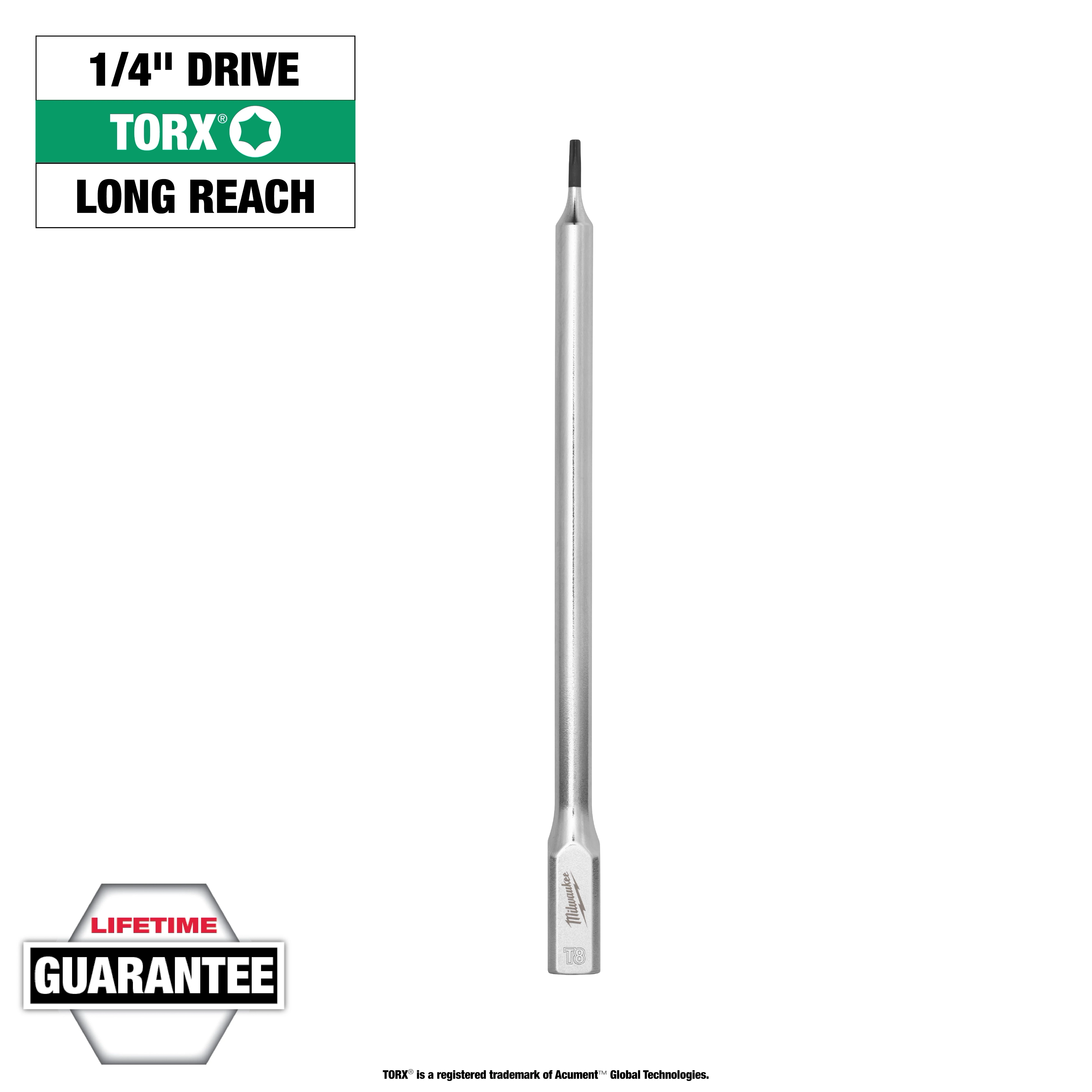 Quarter-inch drive T8 long TORX bit socket with a hexagonal base, extended shaft length, and a lifetime guarantee badge.