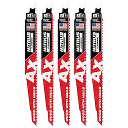 Five 9-inch SAWZALL® AX™ blades for wood with nails, featuring 5 TPI and NITRUS™ carbide teeth. The blades have a red and black design with the words "AX" and "WOOD WITH NAILS" printed on them, and are branded by Milwaukee with made-in-USA markings.