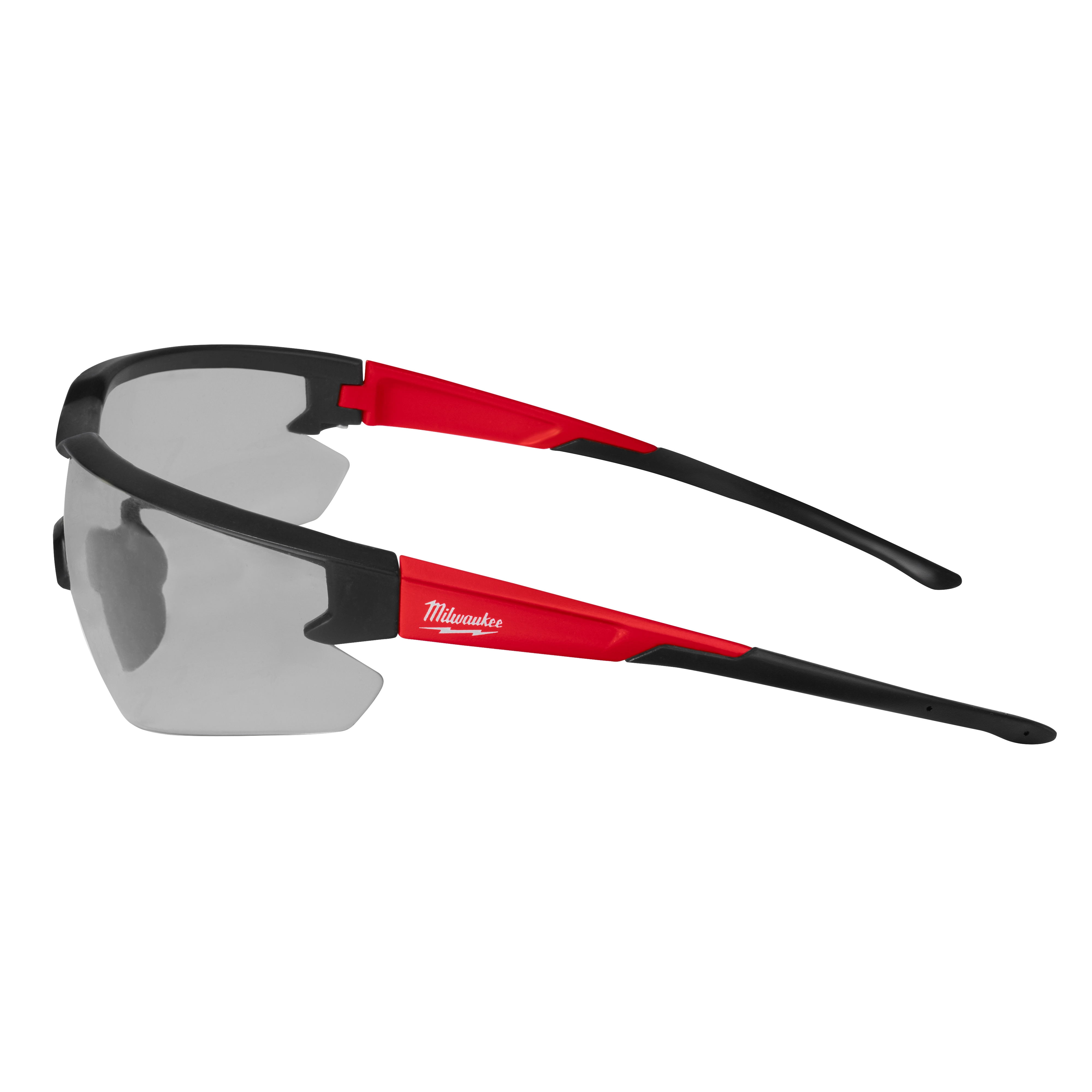 Safety Glasses - Gray Anti-Scratch Lenses with black and red frame featuring a sleek design and the Milwaukee logo on the side.