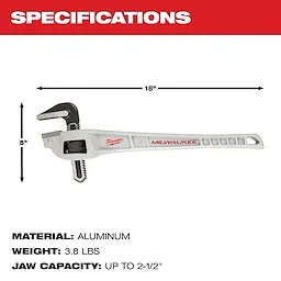 Milwaukee 18" Aluminum Pipe Wrench, weighing 3.8 lbs with a jaw capacity of up to 2-1/2". The wrench is 18 inches long and 5 inches wide, featuring dual jaws and an ergonomic handle for better grip.