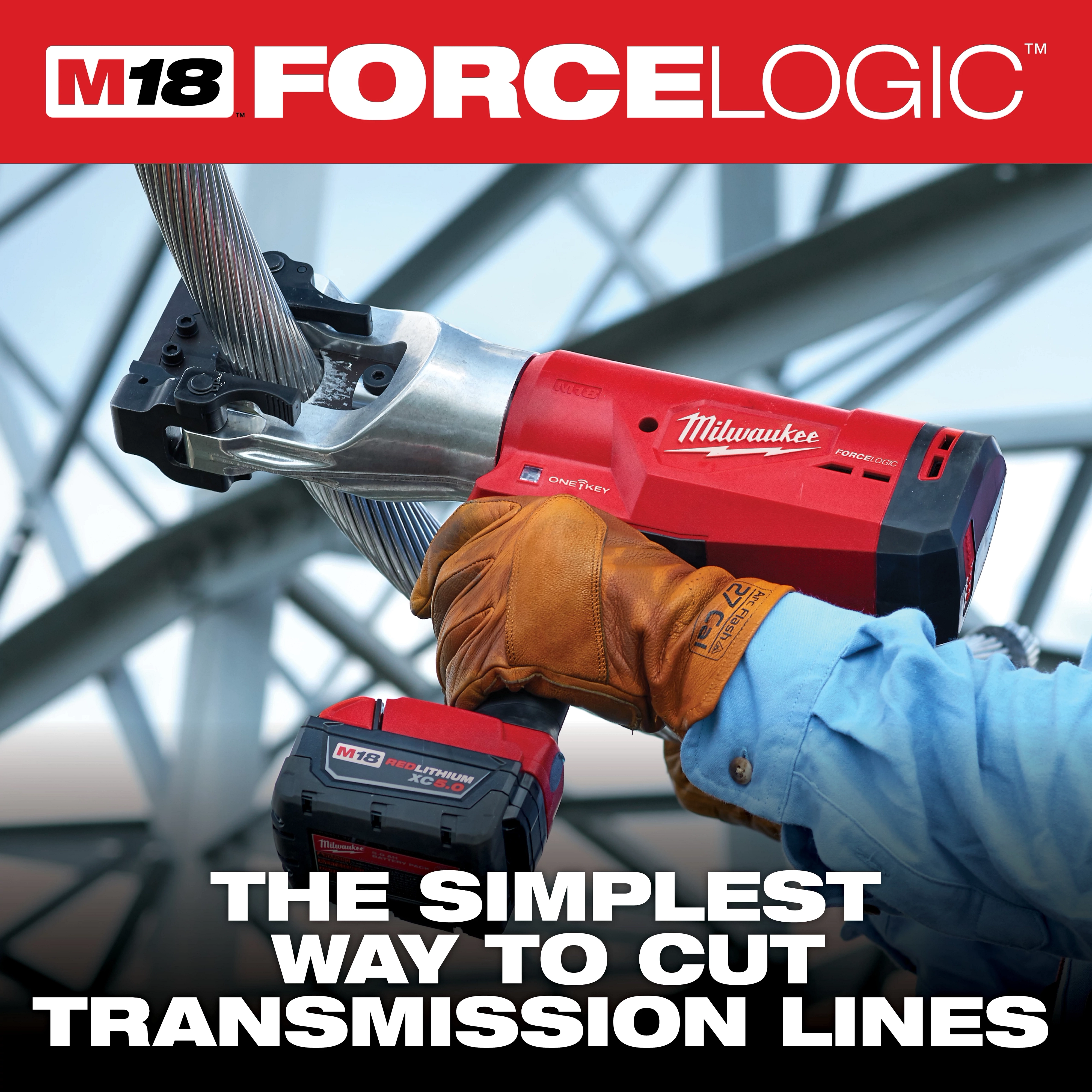 A person wearing gloves uses the Milwaukee M18 Force Logic tool to cut transmission lines. The red tool is branded with the Milwaukee logo and has an attachment for cutting wires efficiently. Text on the image reads, "The simplest way to cut transmission lines."