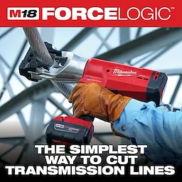 A person wearing gloves uses the Milwaukee M18 Force Logic tool to cut transmission lines. The red tool is branded with the Milwaukee logo and has an attachment for cutting wires efficiently. Text on the image reads, "The simplest way to cut transmission lines."