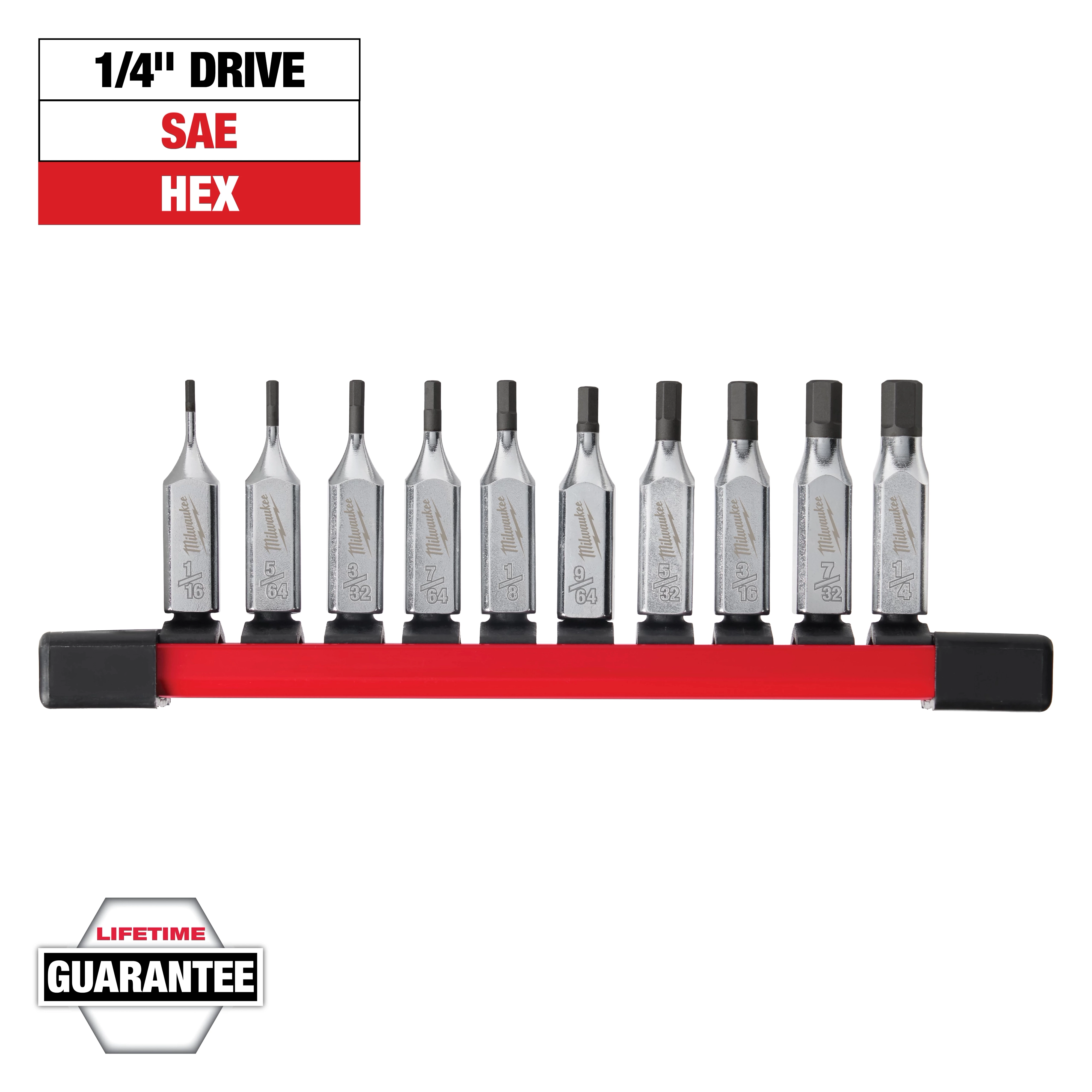 The image shows a set of nine SAE hex bits mounted on a red holder. The label indicates a 1/4" drive and a lifetime guarantee.