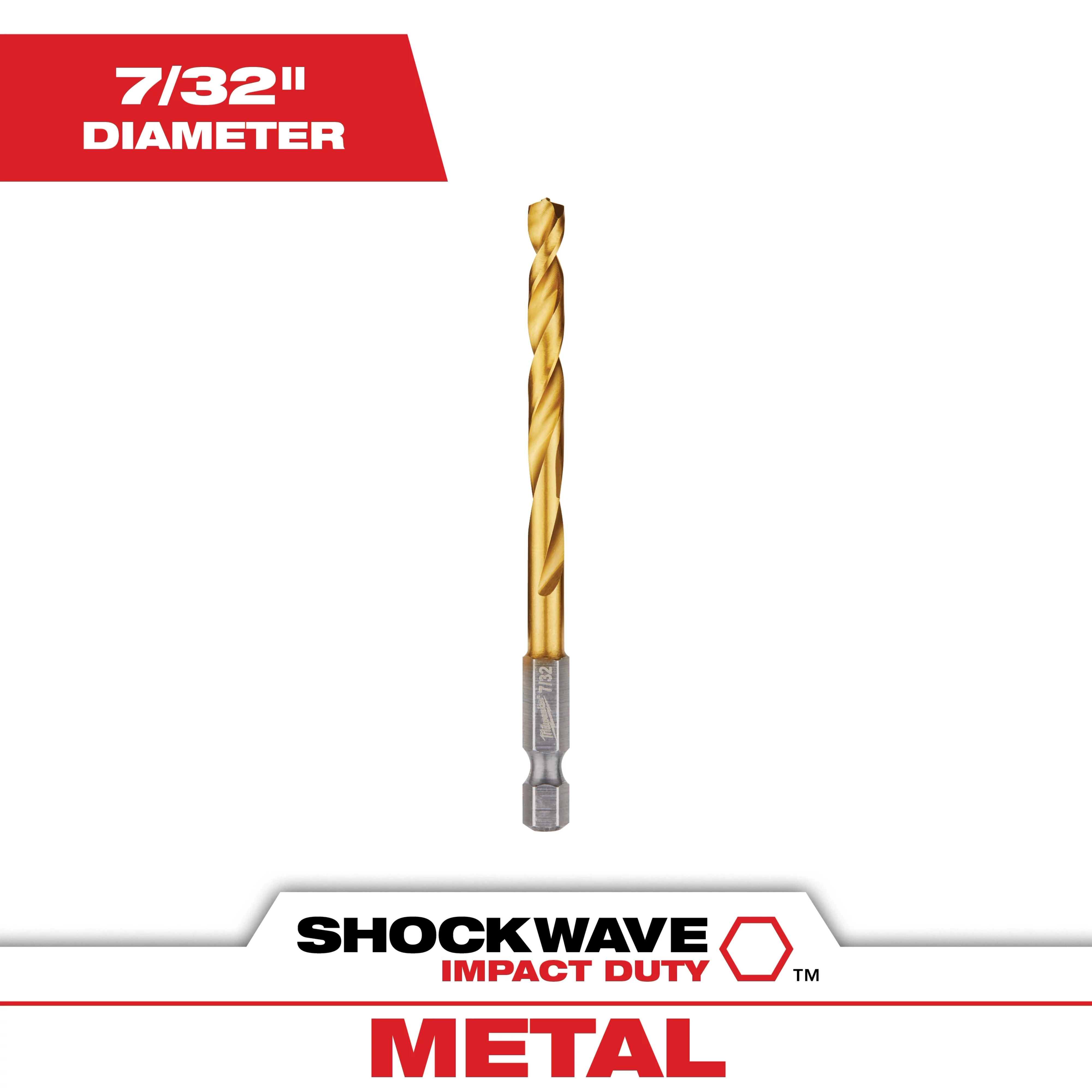 The Shockwave 7/32 in. Titanium Drill Bit has a gold-colored titanium coating and hex shank for durability and grip, designed for metal impact duty. It is shown against a white background with text indicating its diameter and metal usage.