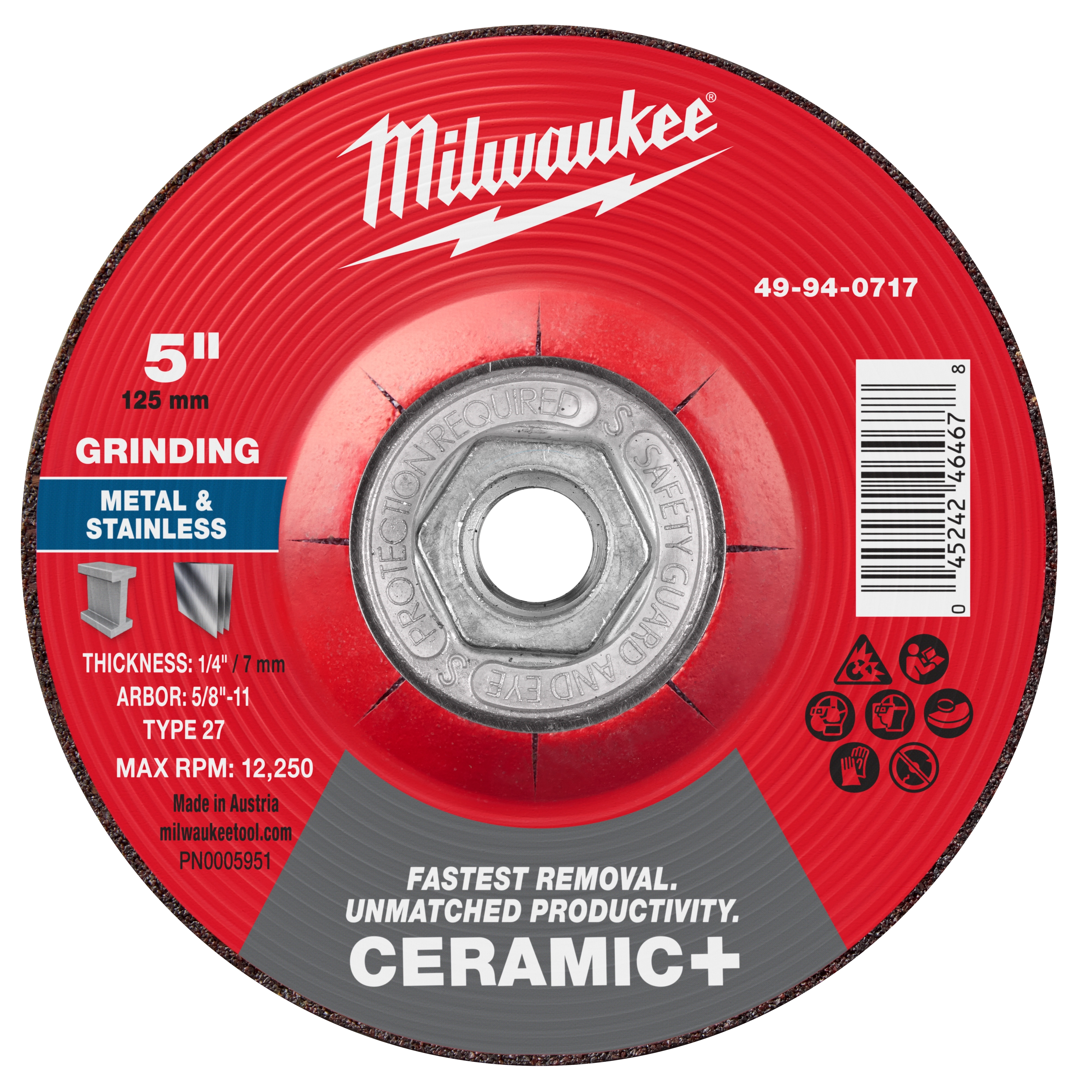 5" Ceramic+ Metal Grinding Wheel (Type 27) for grinding metal and stainless, with a 1/4" thickness and 5/8"-11 arbor.