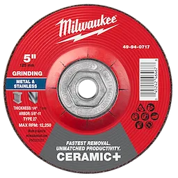 5" Ceramic+ Metal Grinding Wheel (Type 27) for grinding metal and stainless, with a 1/4" thickness and 5/8"-11 arbor.