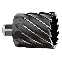 2-1/4" Annular Cutter with spiral flutes and a cylindrical shank, used for creating holes in metal materials.