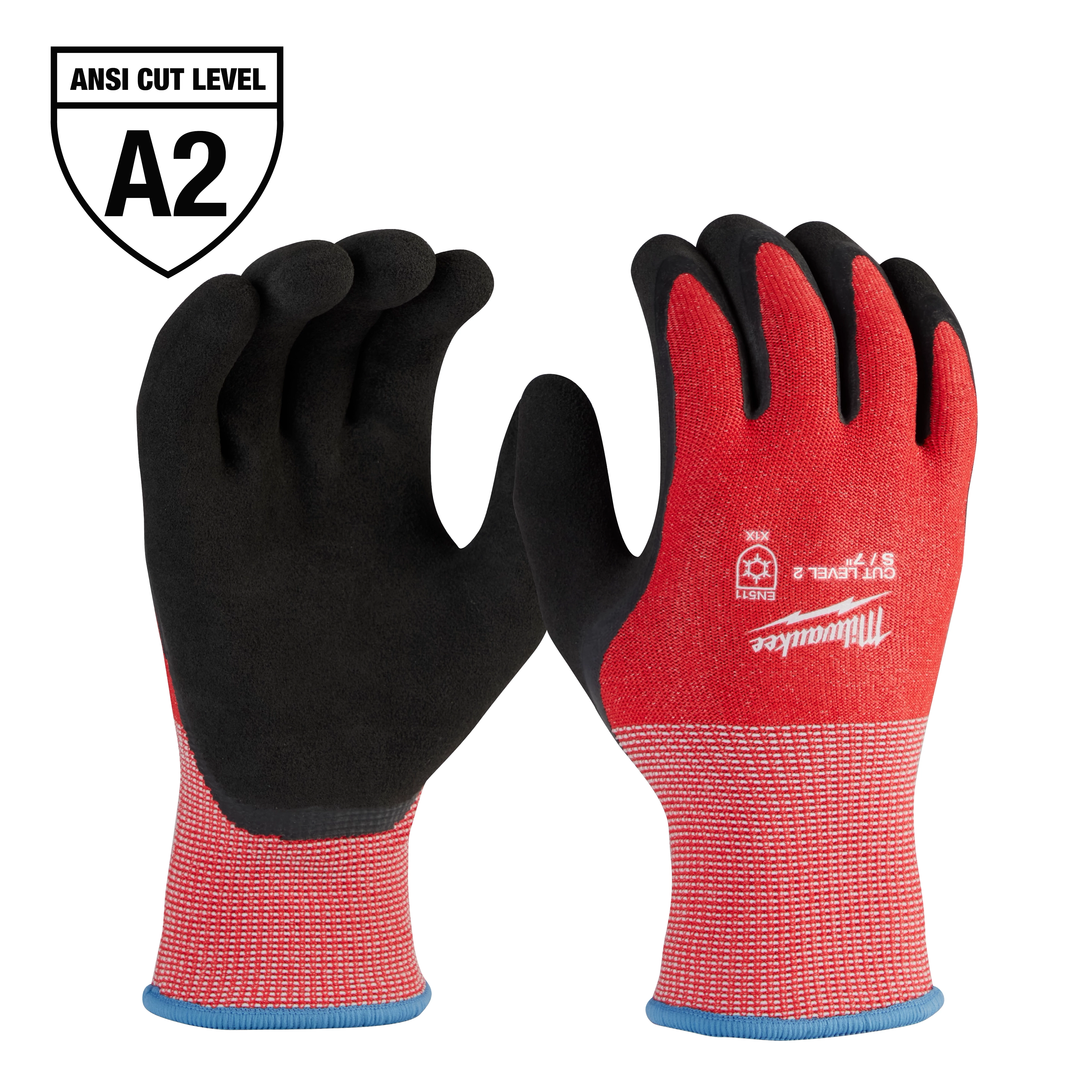 The 48-73-7920 Primary Image displays red and black cut-resistant gloves with an ANSI Cut Level A2 rating symbol on the top left.